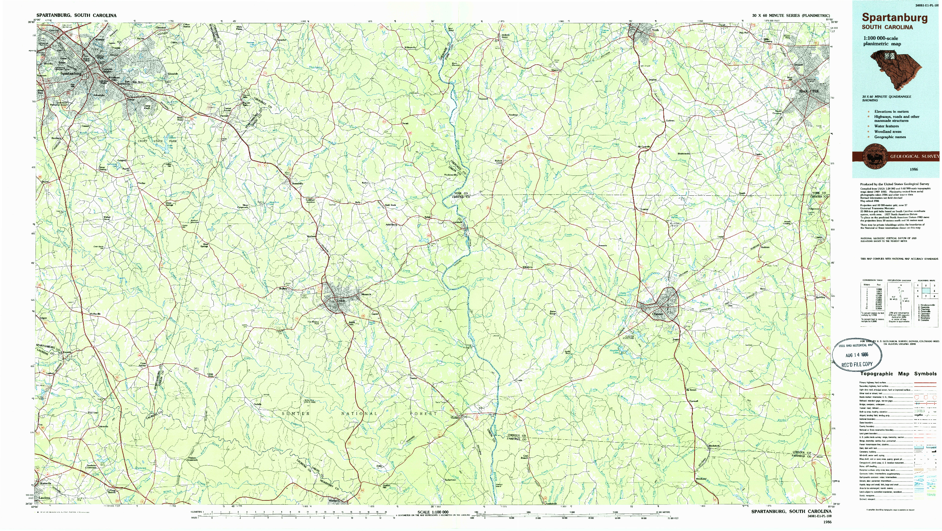 USGS 1:100000-SCALE QUADRANGLE FOR SPARTANBURG, SC 1986