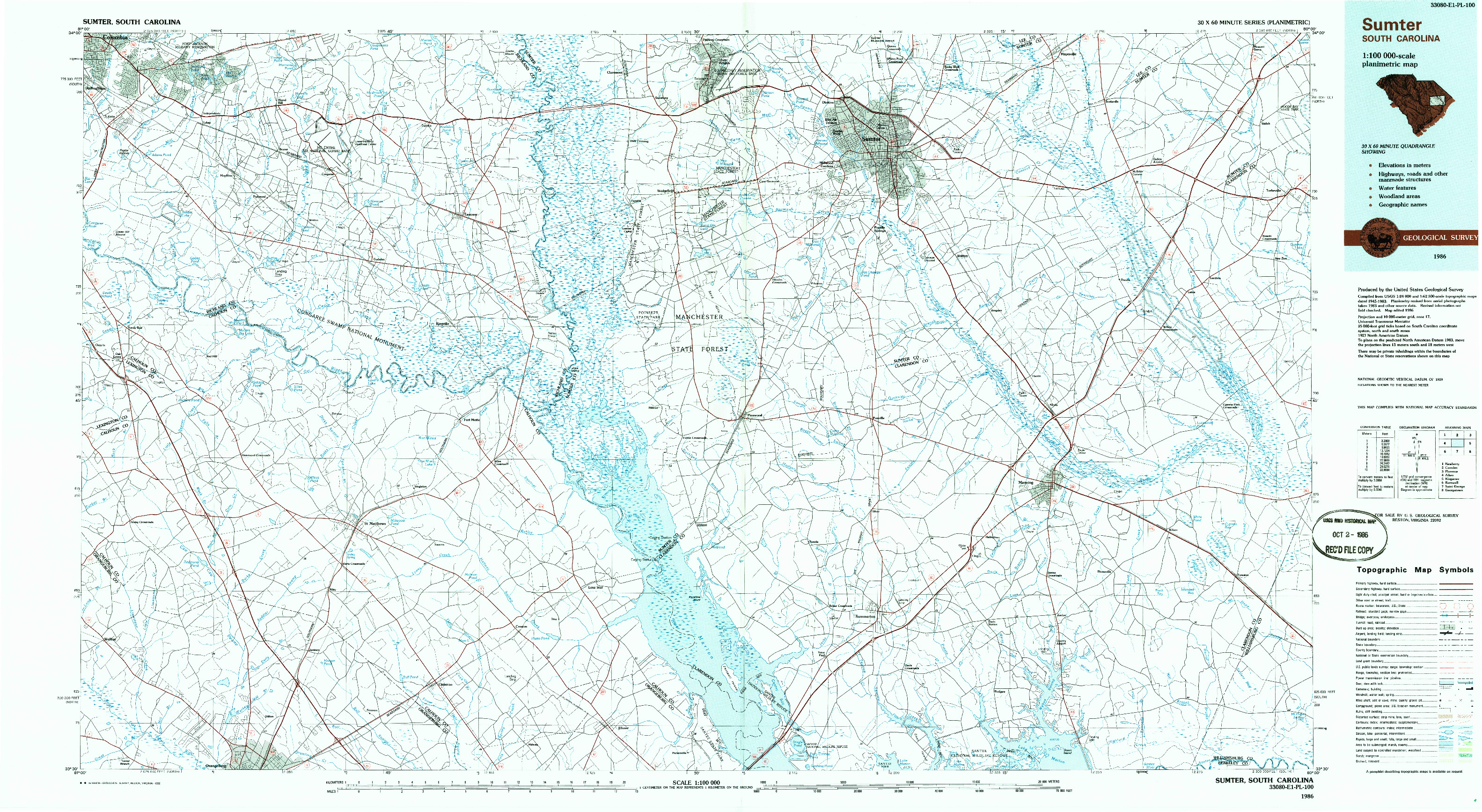 USGS 1:100000-SCALE QUADRANGLE FOR SUMTER, SC 1986