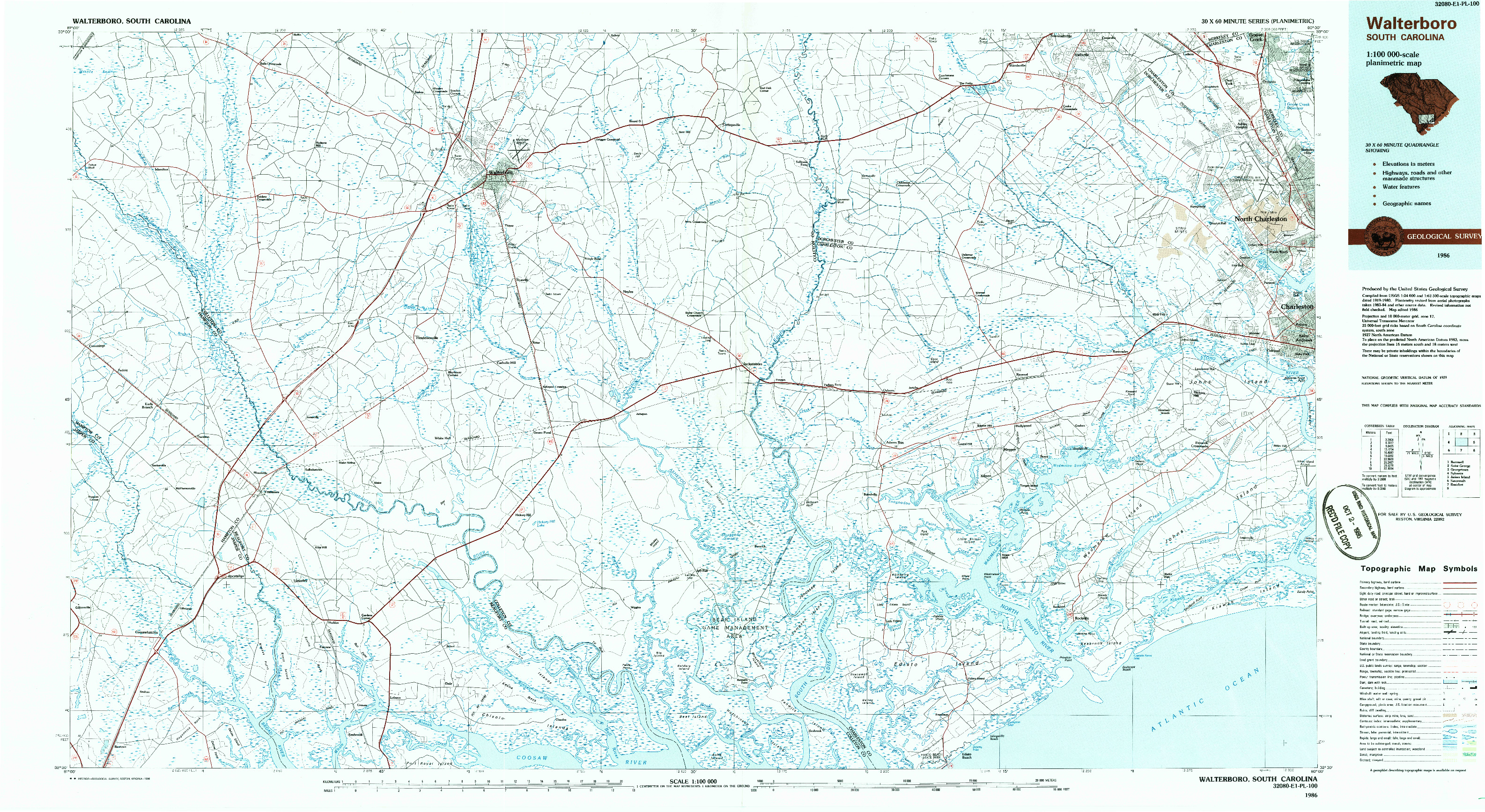 USGS 1:100000-SCALE QUADRANGLE FOR WALTERBORO, SC 1986