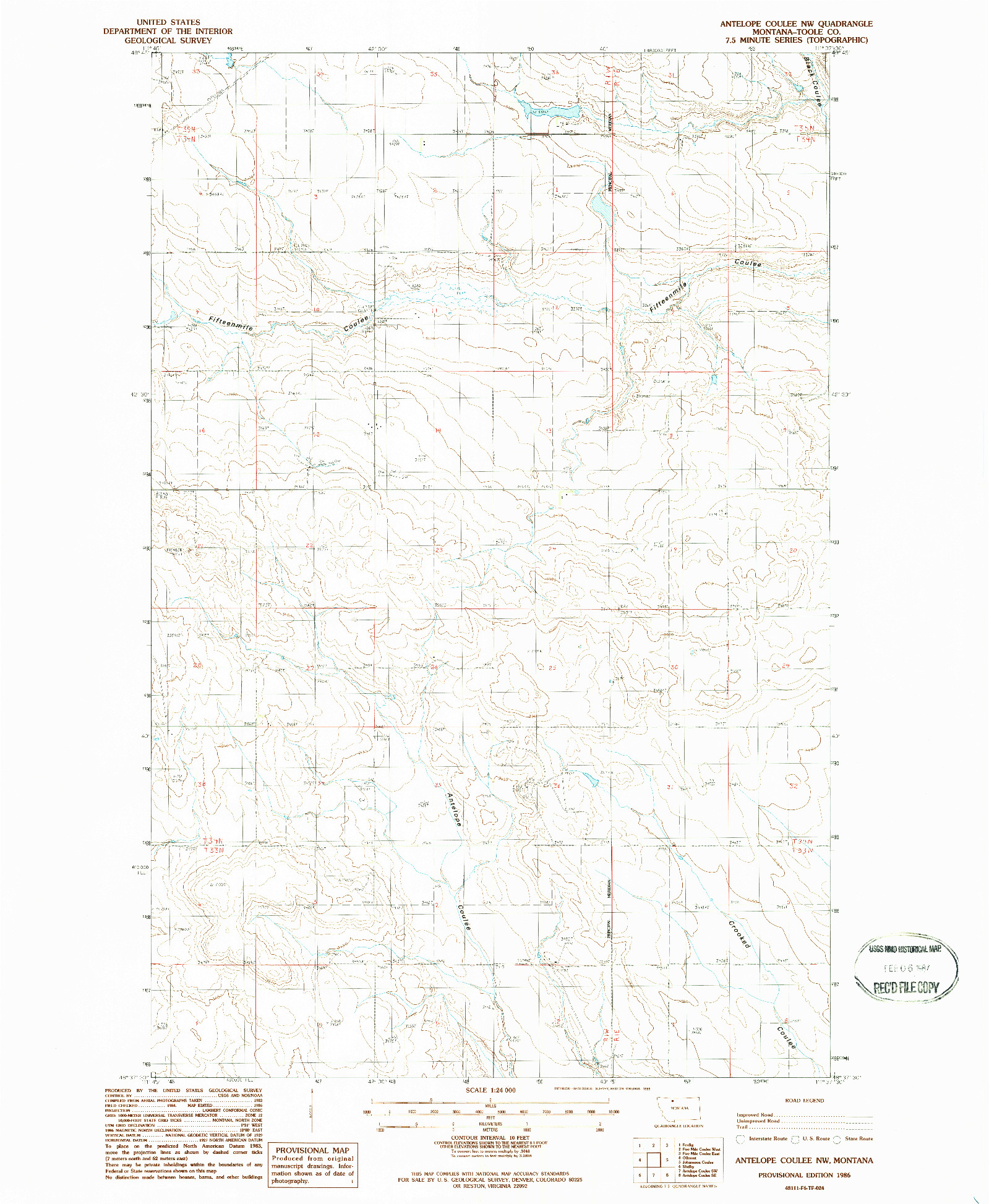 USGS 1:24000-SCALE QUADRANGLE FOR ANTELOPE COULEE NW, MT 1986