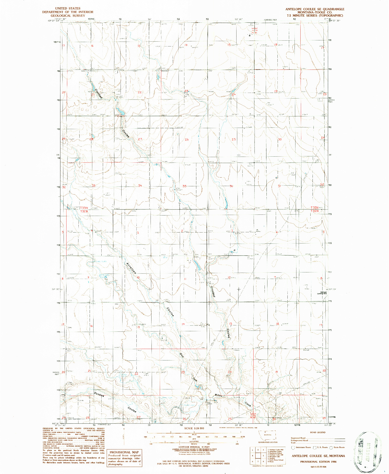 USGS 1:24000-SCALE QUADRANGLE FOR ANTELOPE COULEE SE, MT 1986