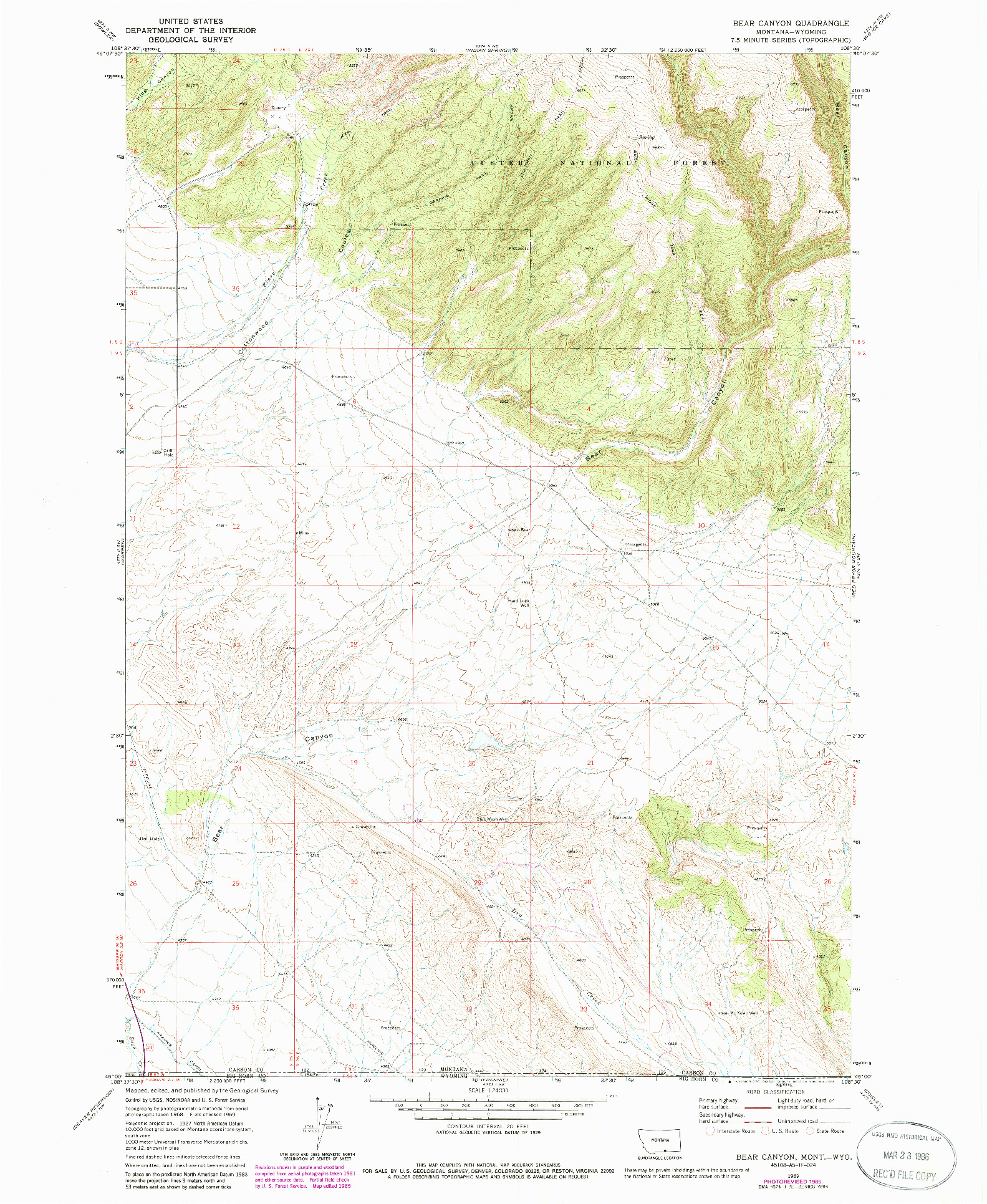 USGS 1:24000-SCALE QUADRANGLE FOR BEAR CANYON, MT 1969