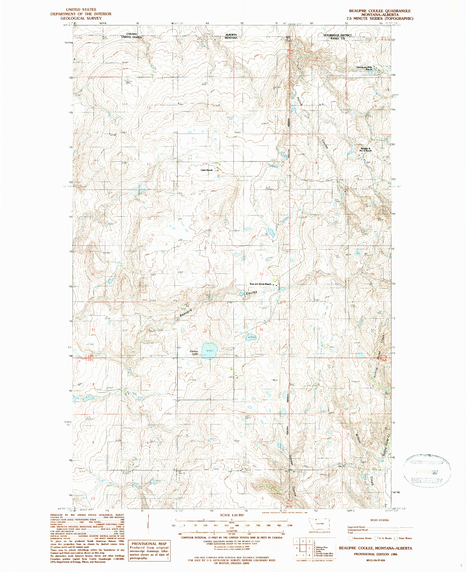 USGS 1:24000-SCALE QUADRANGLE FOR BEAUPRE COULEE, MT 1986