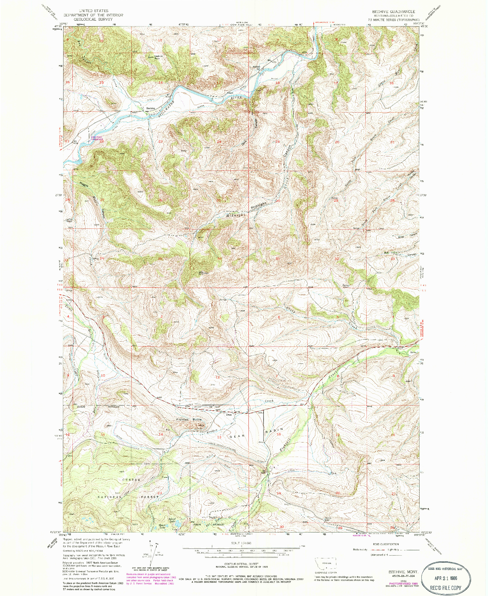 USGS 1:24000-SCALE QUADRANGLE FOR BEEHIVE, MT 1956