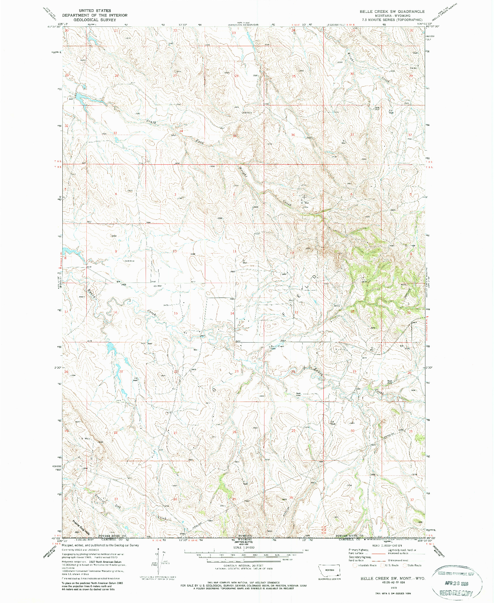 USGS 1:24000-SCALE QUADRANGLE FOR BELLE CREEK SW, MT 1970