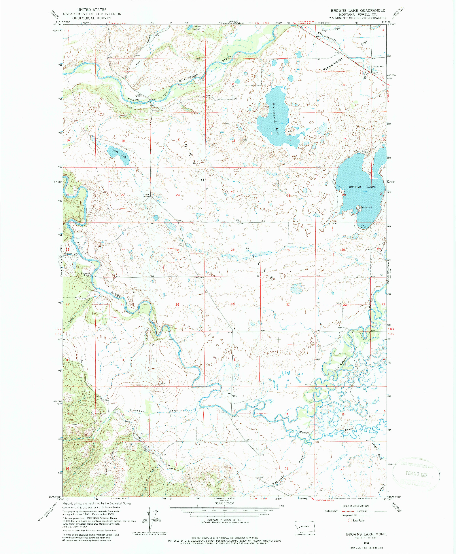 USGS 1:24000-SCALE QUADRANGLE FOR BROWNS LAKE, MT 1965