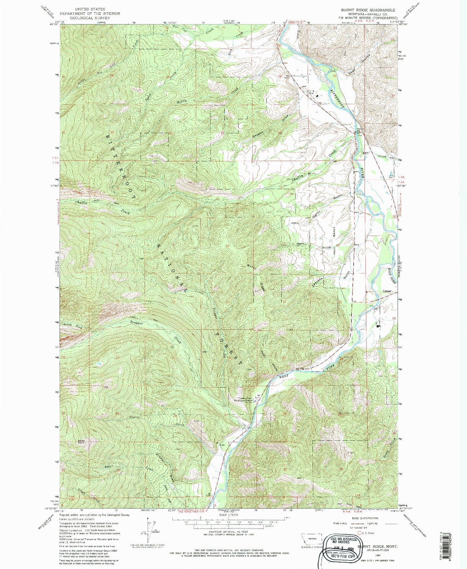 USGS 1:24000-SCALE QUADRANGLE FOR BURNT RIDGE, MT 1964