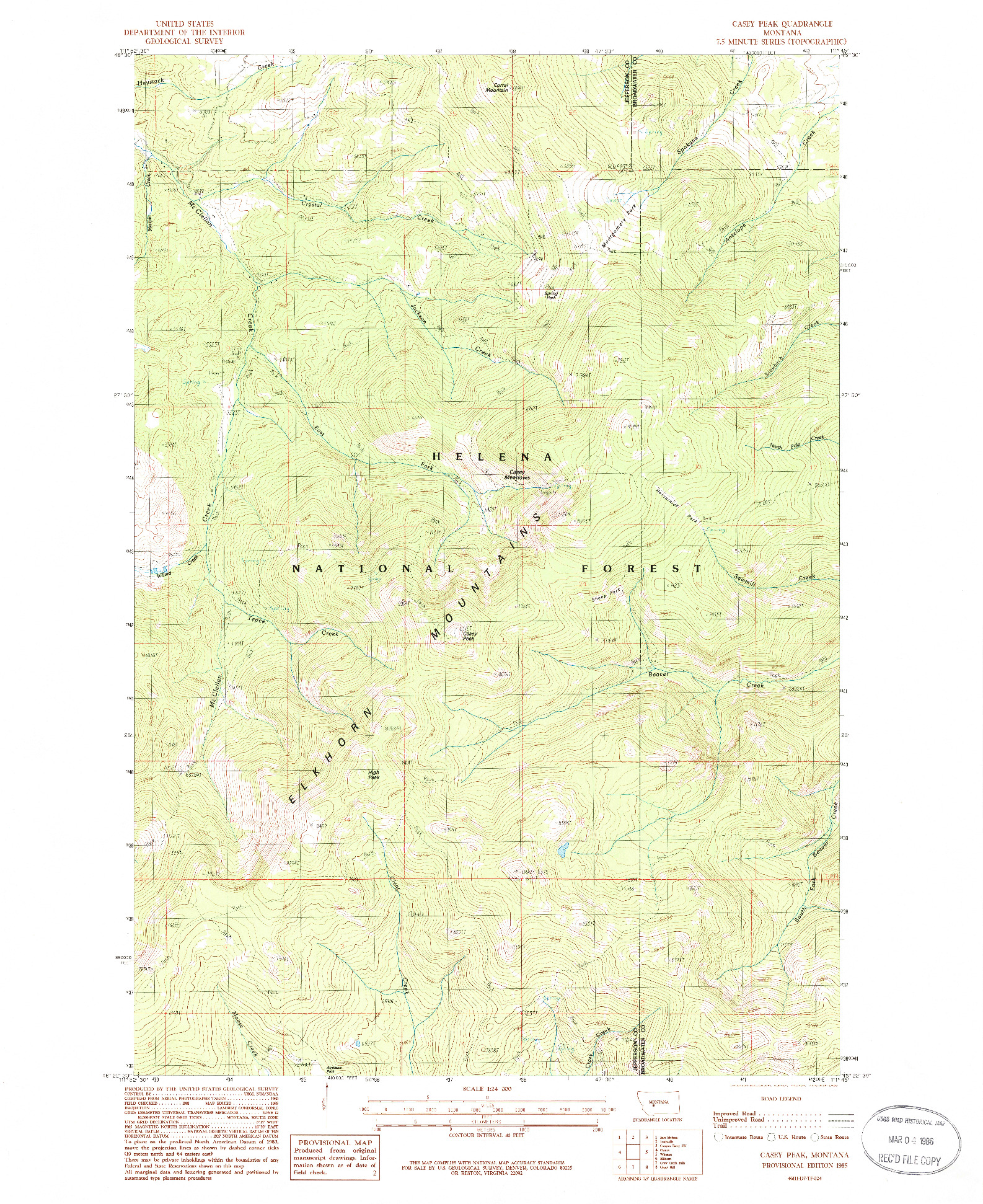 USGS 1:24000-SCALE QUADRANGLE FOR CASEY PEAK, MT 1985