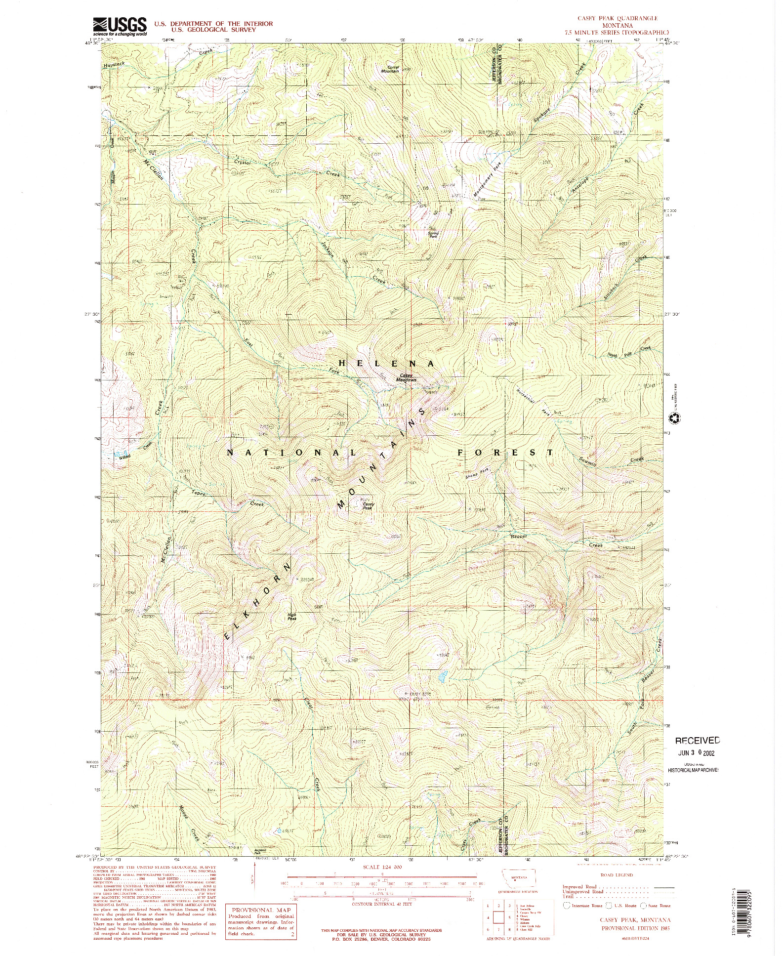 USGS 1:24000-SCALE QUADRANGLE FOR CASEY PEAK, MT 1985