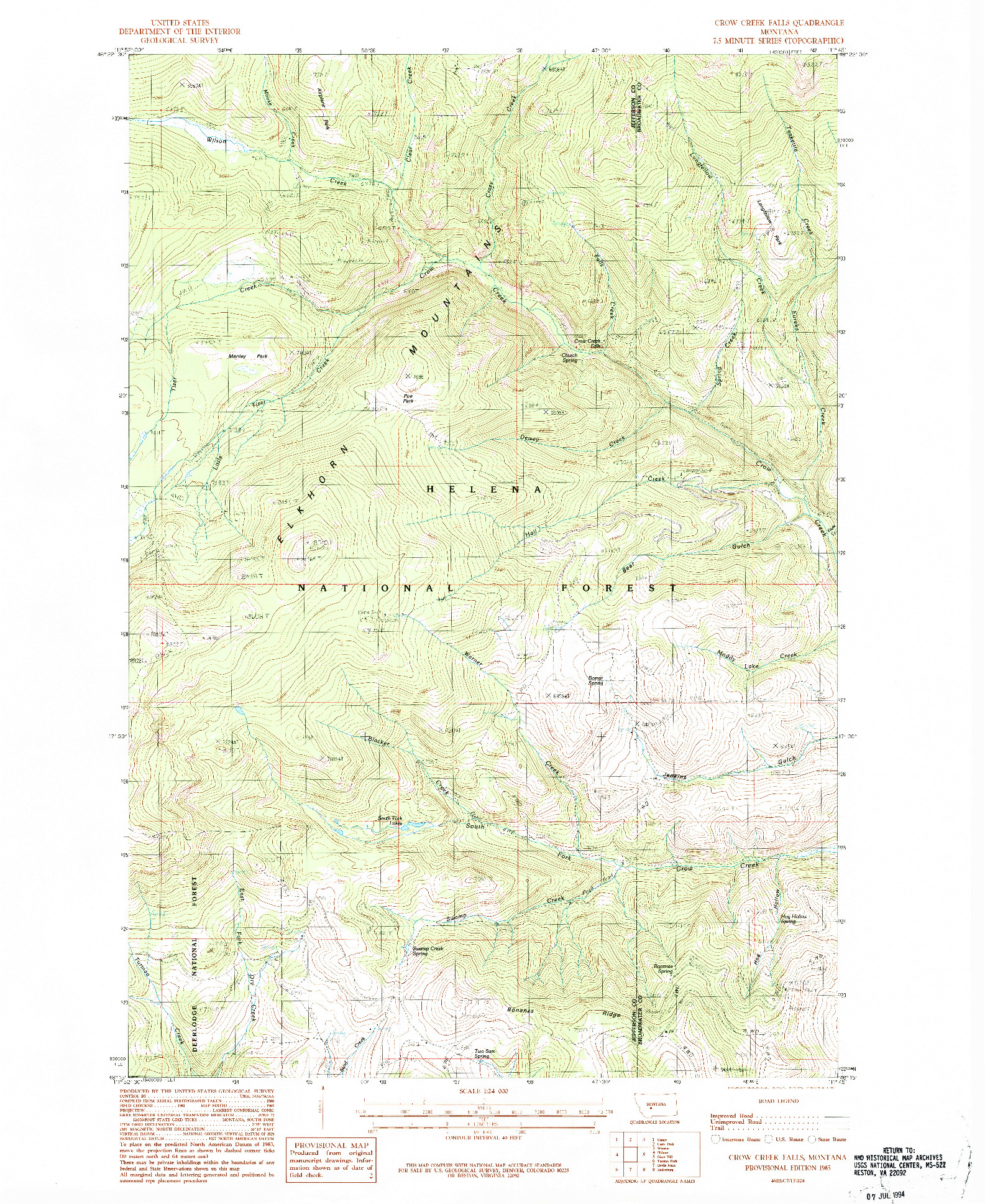 USGS 1:24000-SCALE QUADRANGLE FOR CROW CREEK FALLS, MT 1985