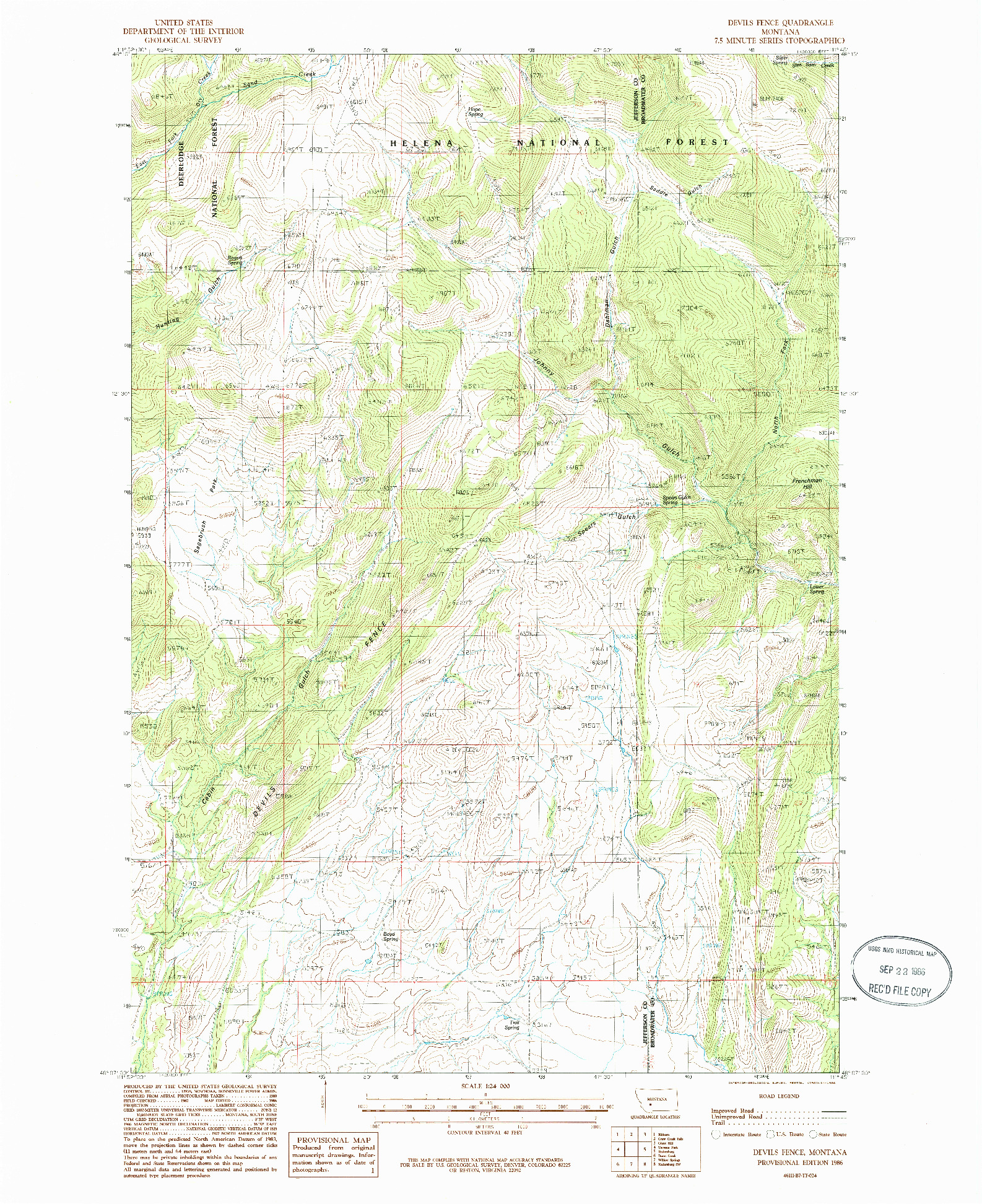 USGS 1:24000-SCALE QUADRANGLE FOR DEVILS FENCE, MT 1986