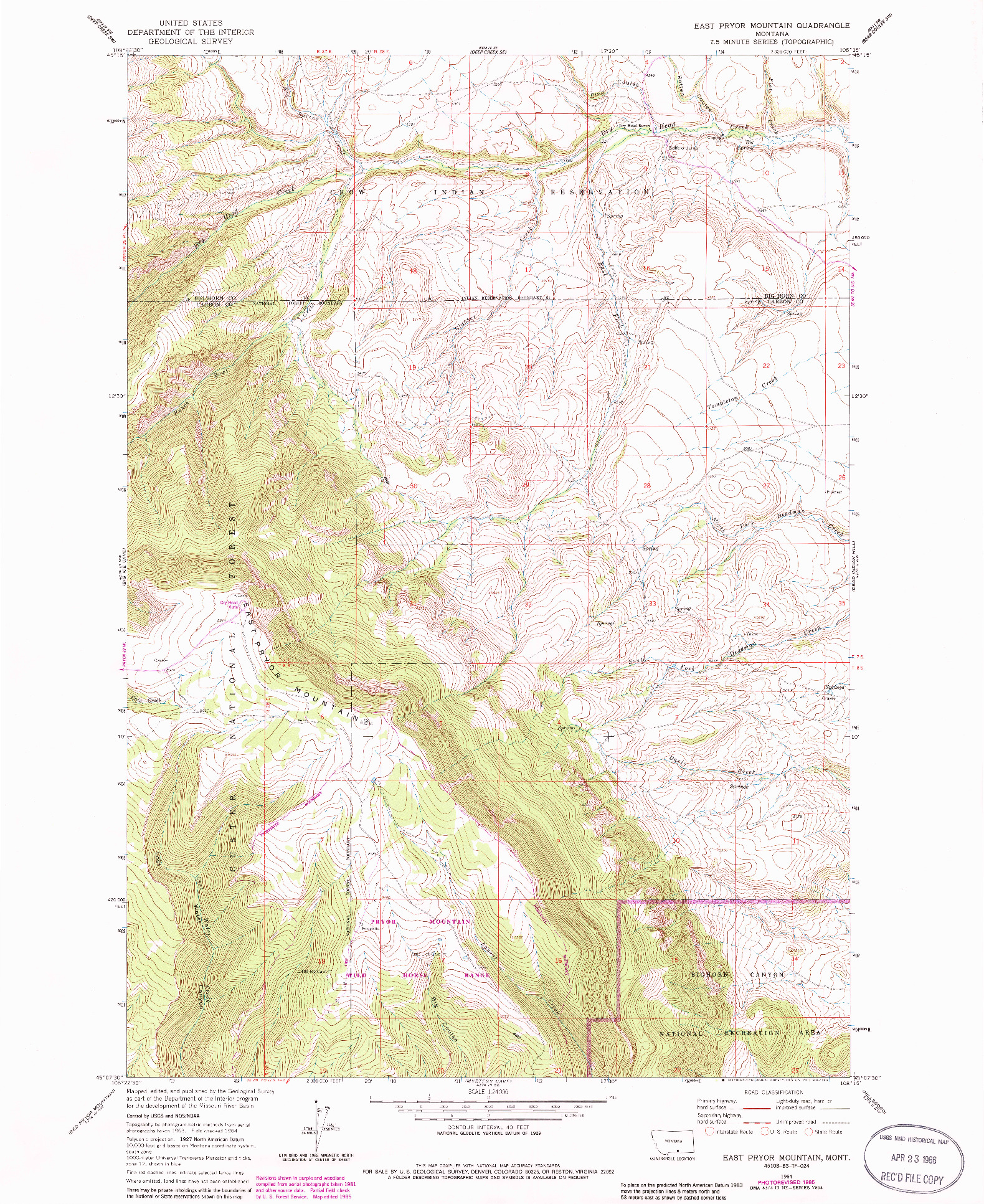 USGS 1:24000-SCALE QUADRANGLE FOR EAST PRYOR MOUNTAIN, MT 1964