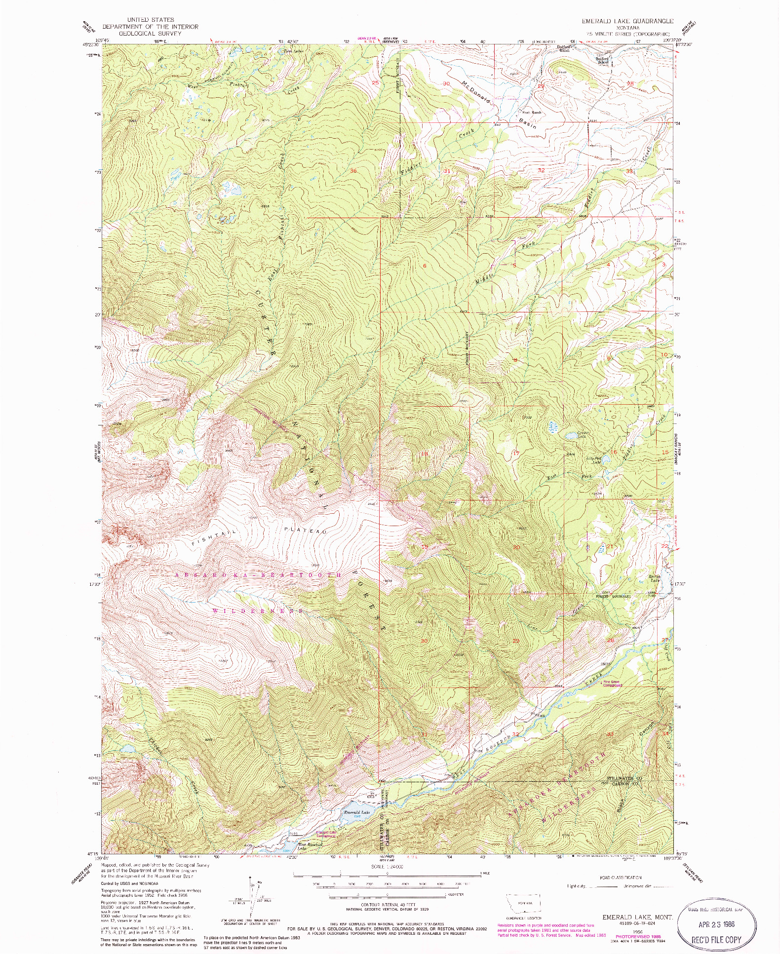 USGS 1:24000-SCALE QUADRANGLE FOR EMERALD LAKE, MT 1956