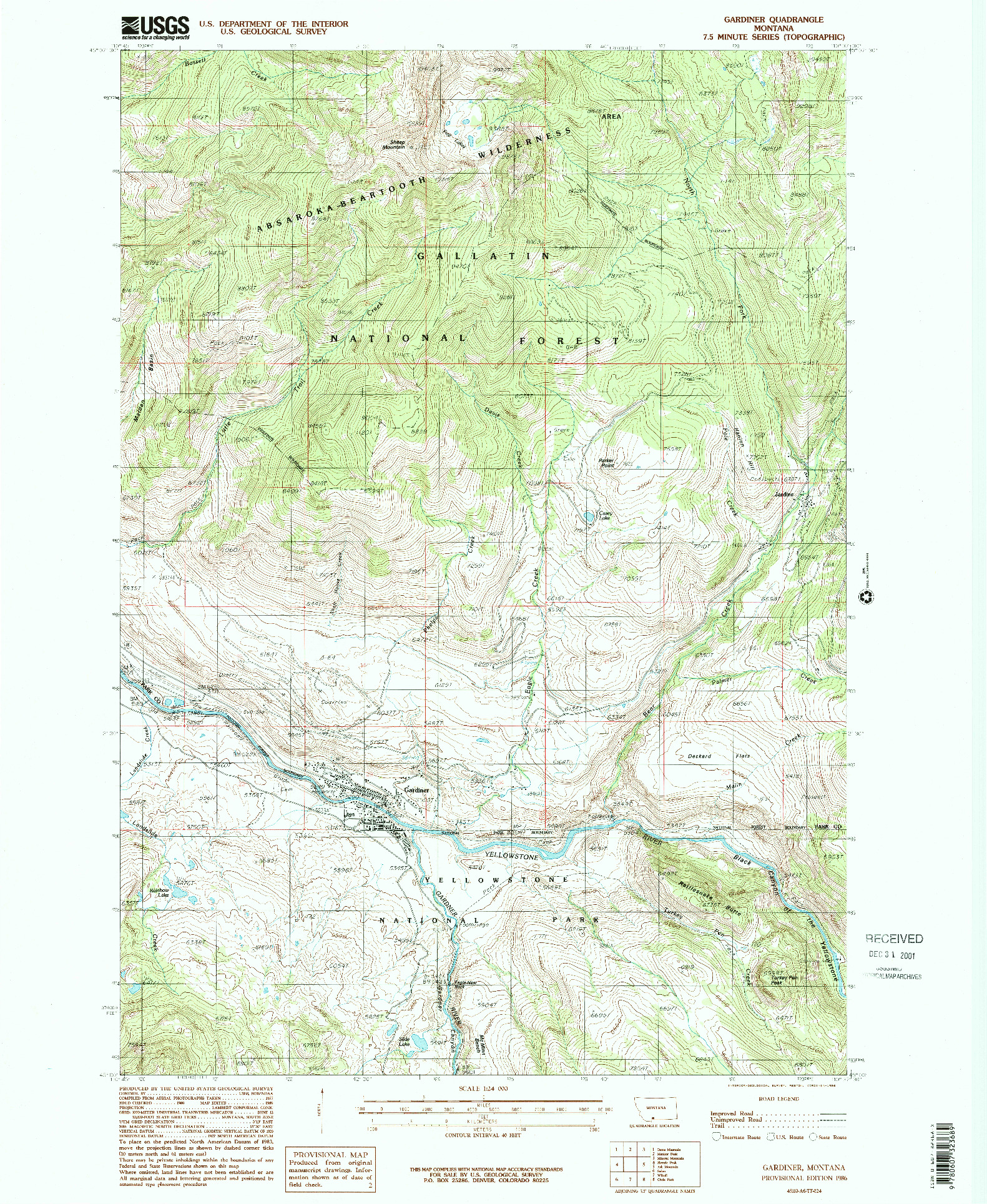 USGS 1:24000-SCALE QUADRANGLE FOR GARDINER, MT 1986