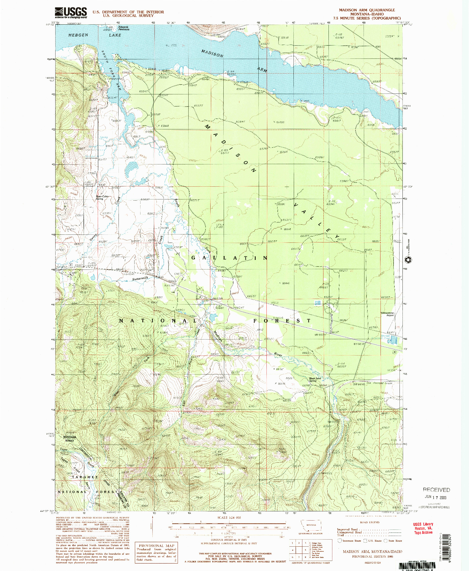 USGS 1:24000-SCALE QUADRANGLE FOR MADISON ARM, MT 1986