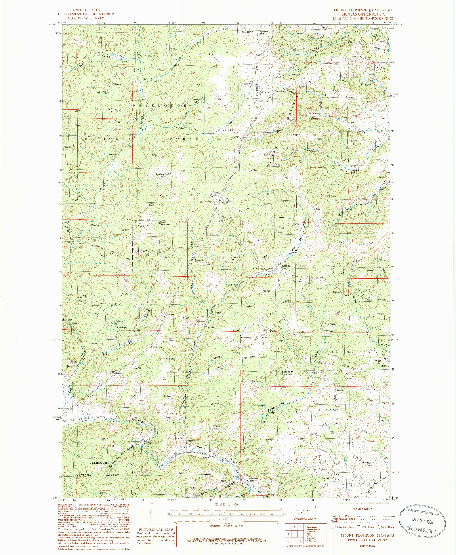 USGS 1:24000-SCALE QUADRANGLE FOR MOUNT THOMPSON, MT 1985