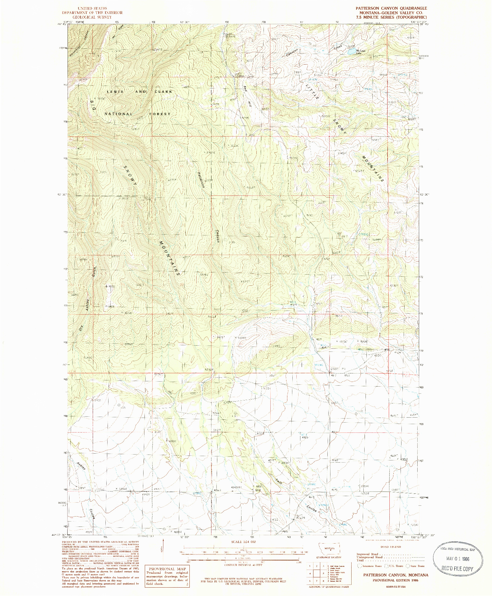 USGS 1:24000-SCALE QUADRANGLE FOR PATTERSON CANYON, MT 1986