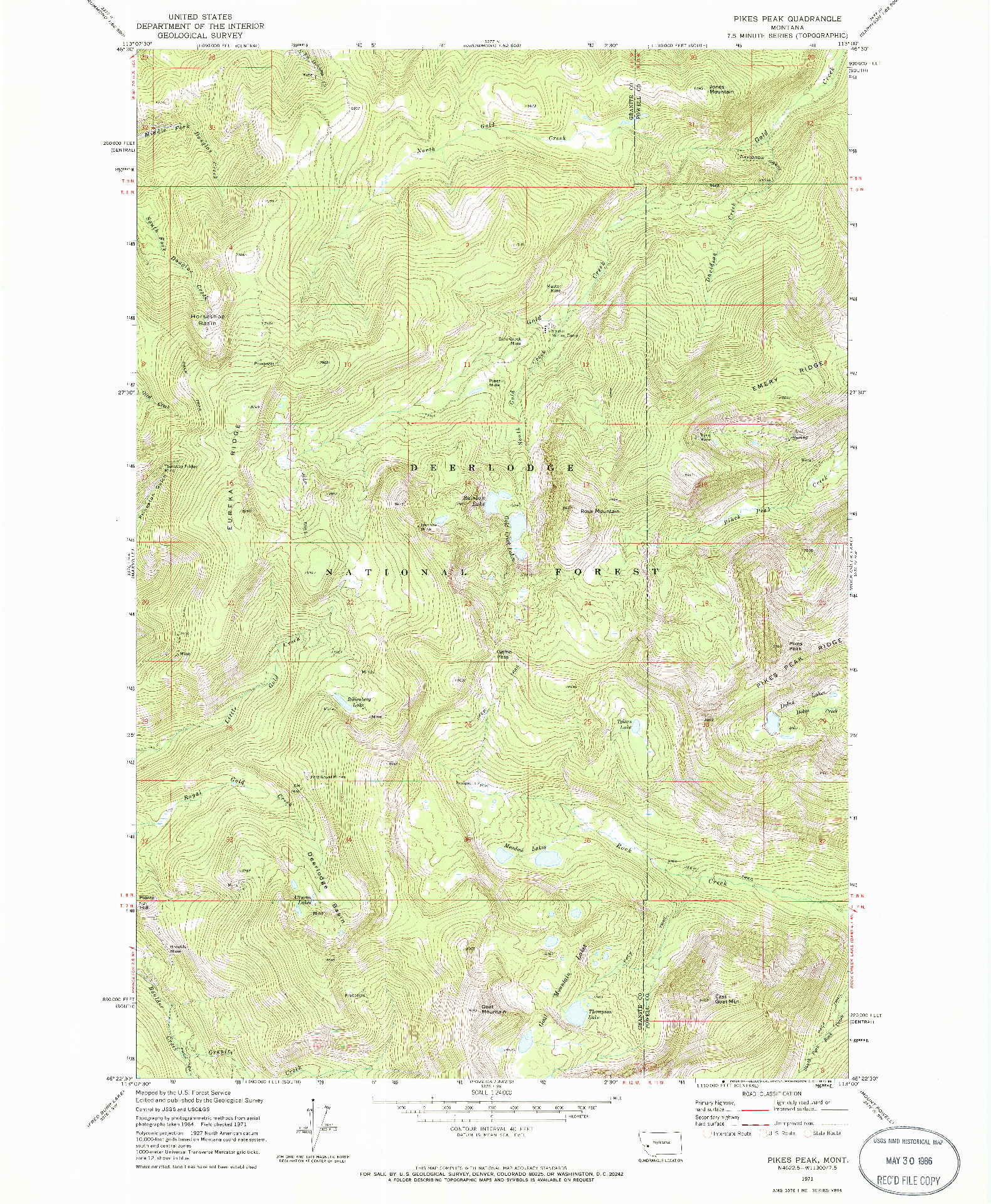 USGS 1:24000-SCALE QUADRANGLE FOR PIKES PEAK, MT 1971