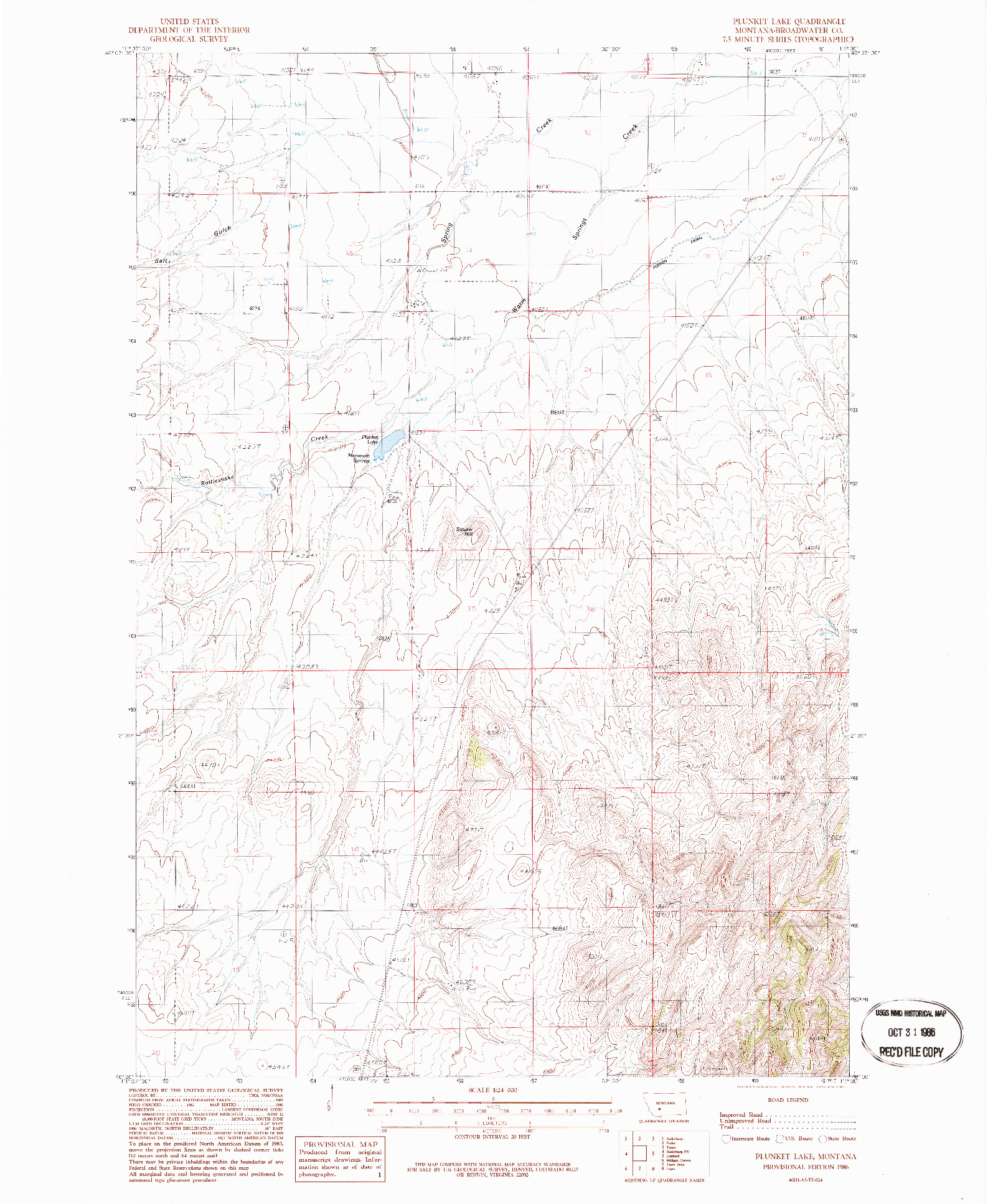 USGS 1:24000-SCALE QUADRANGLE FOR PLUNKET LAKE, MT 1986