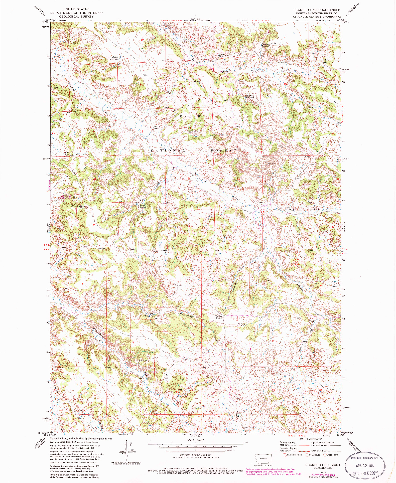 USGS 1:24000-SCALE QUADRANGLE FOR REANUS CONE, MT 1972