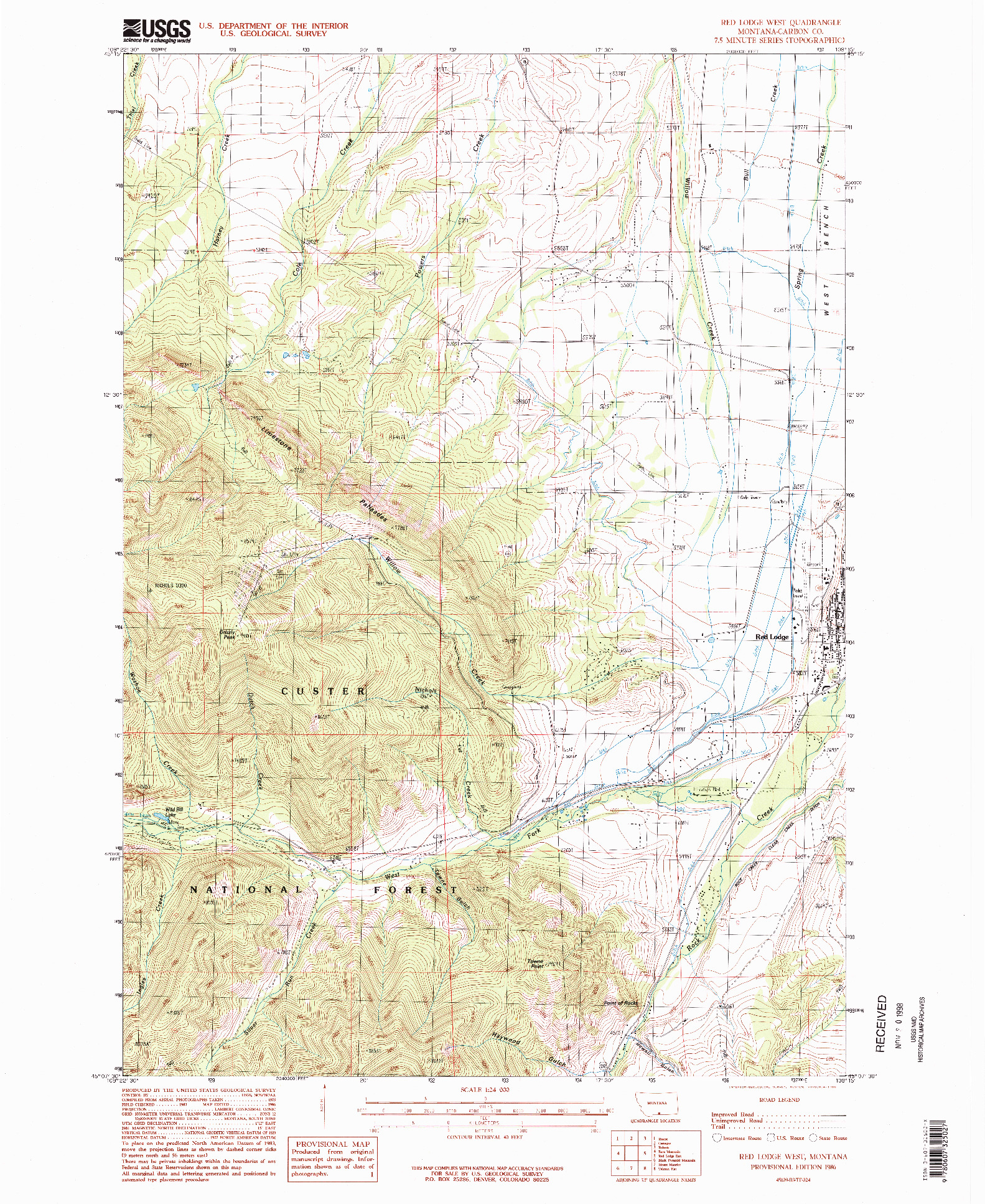 USGS 1:24000-SCALE QUADRANGLE FOR RED LODGE WEST, MT 1986