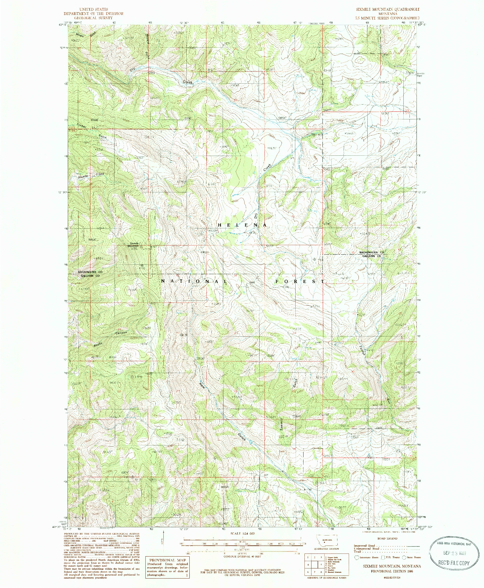 USGS 1:24000-SCALE QUADRANGLE FOR SIXMILE MOUNTAIN, MT 1986