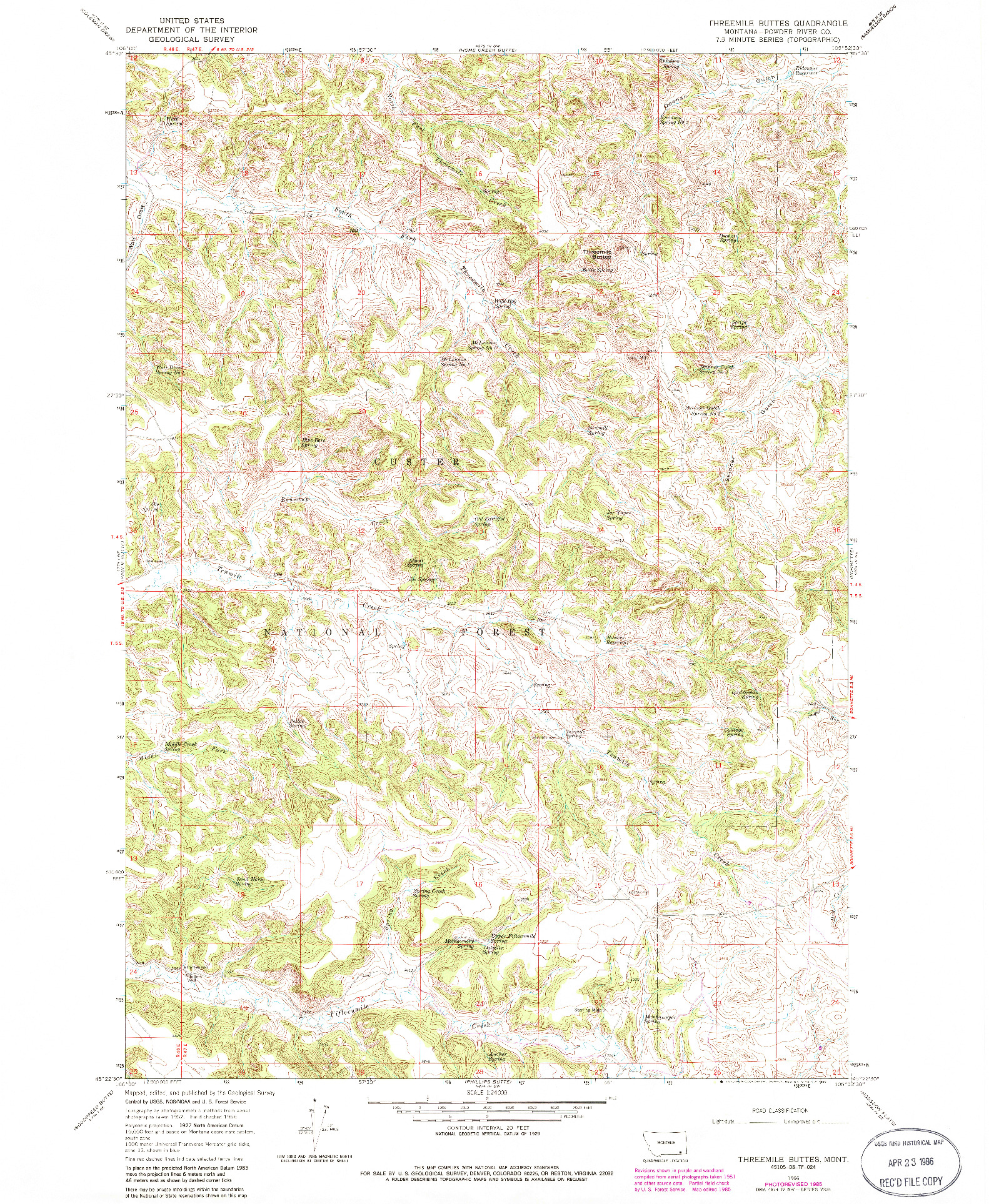 USGS 1:24000-SCALE QUADRANGLE FOR THREEMILE BUTTES, MT 1966