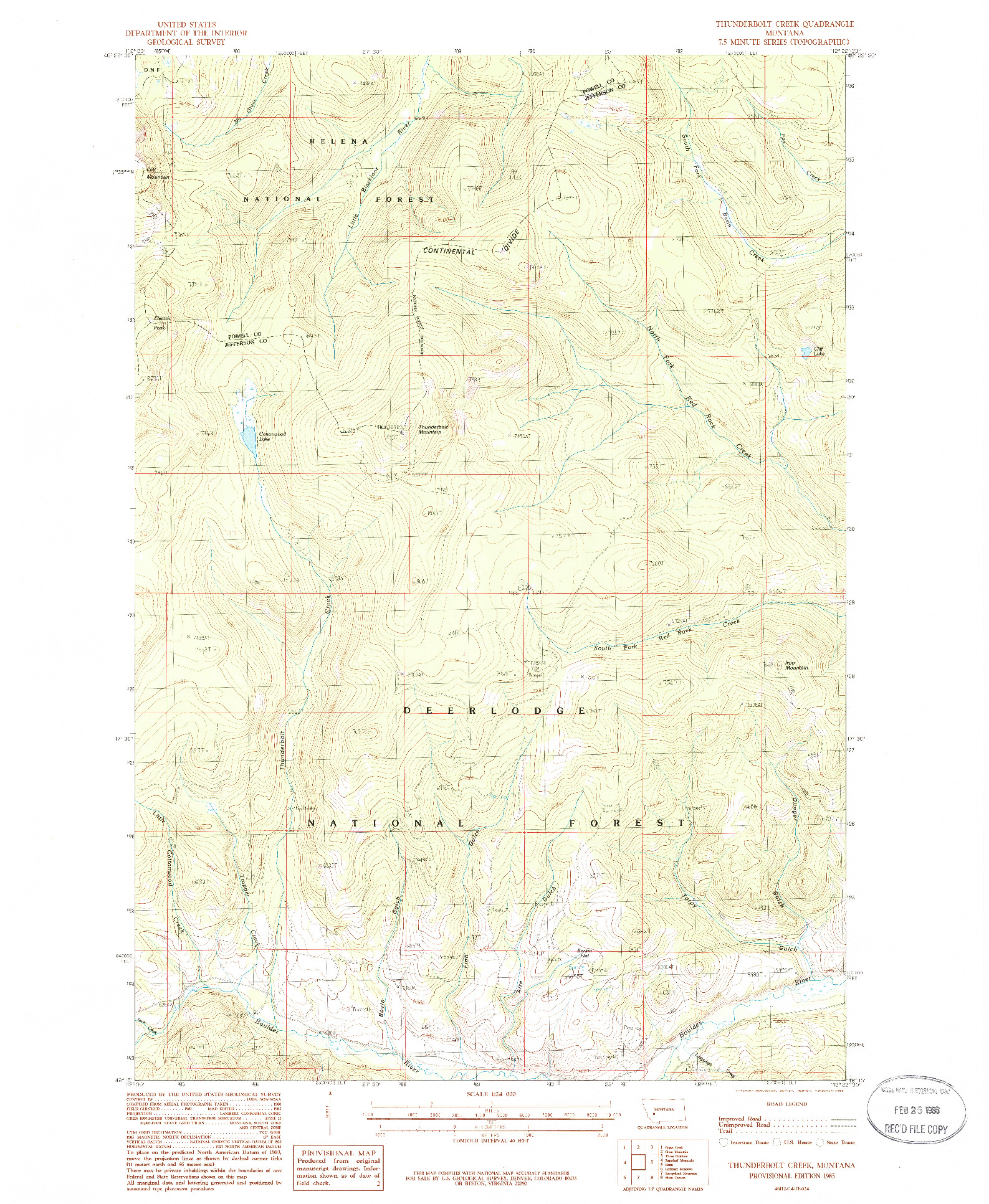 USGS 1:24000-SCALE QUADRANGLE FOR THUNDERBOLT CREEK, MT 1985