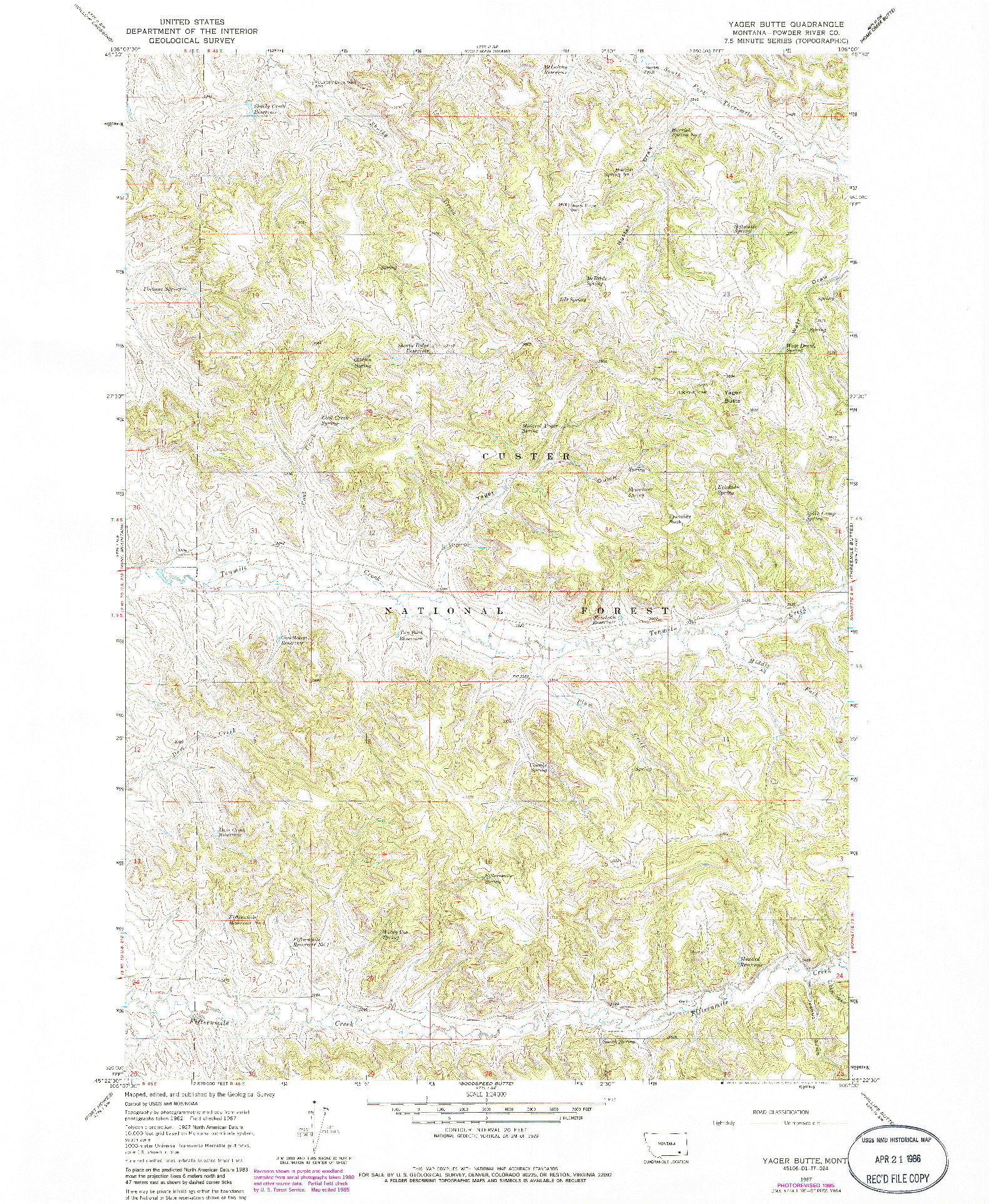 USGS 1:24000-SCALE QUADRANGLE FOR YAGER BUTTE, MT 1967