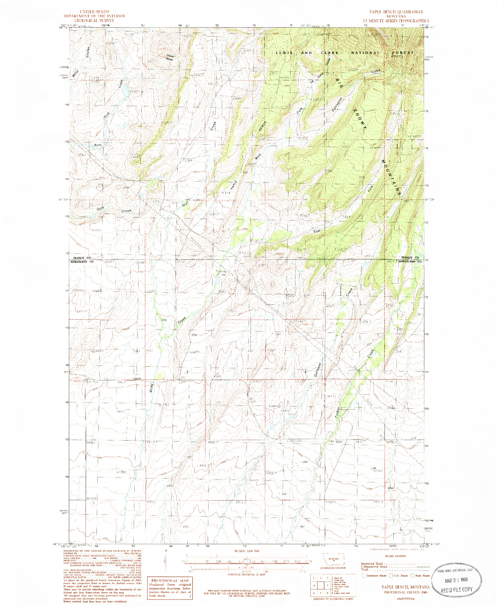 USGS 1:24000-SCALE QUADRANGLE FOR YAPLE BENCH, MT 1986