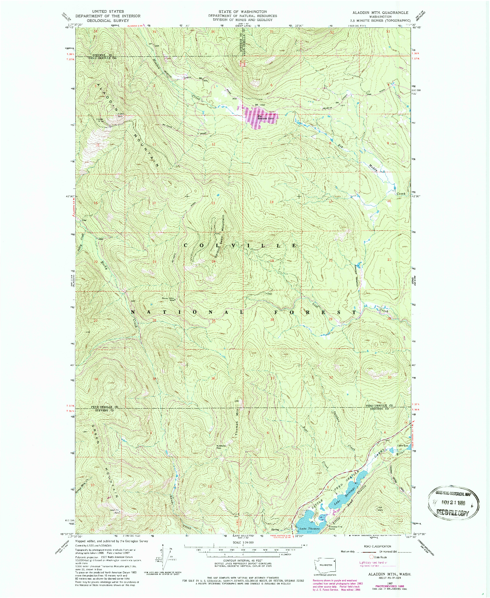 USGS 1:24000-SCALE QUADRANGLE FOR ALADDIN MTN, WA 1967