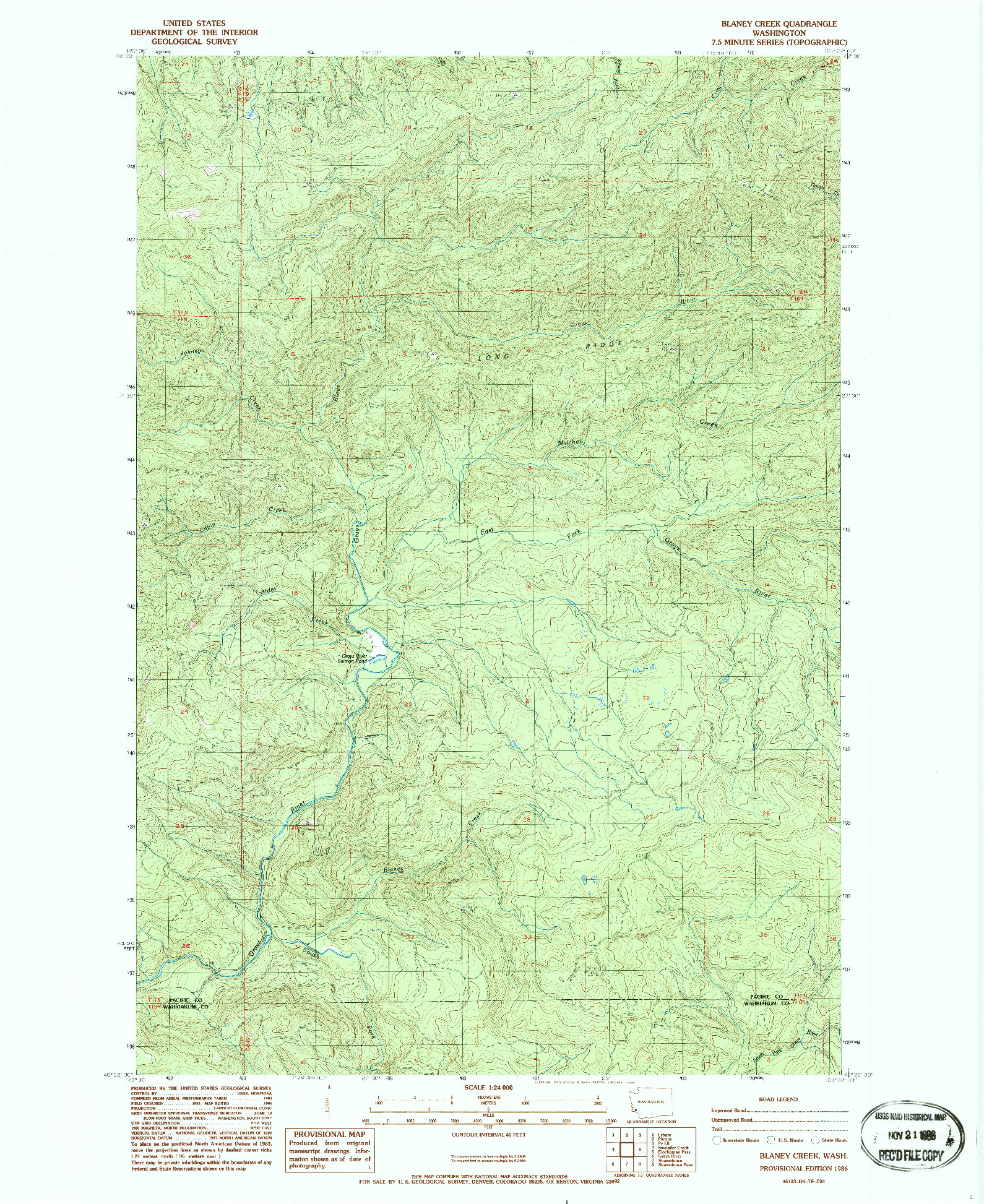 USGS 1:24000-SCALE QUADRANGLE FOR BLANEY CREEK, WA 1986