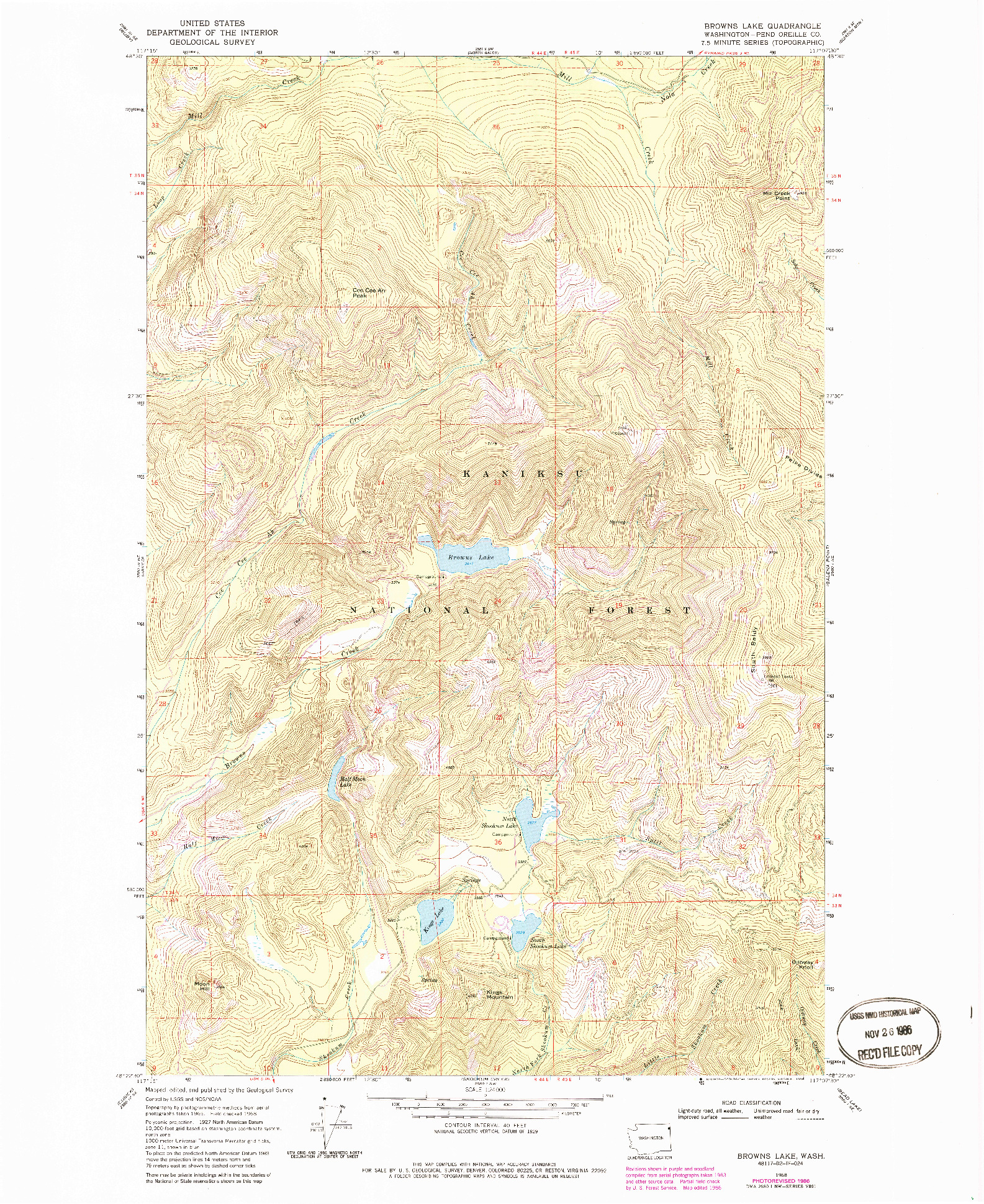 USGS 1:24000-SCALE QUADRANGLE FOR BROWNS LAKE, WA 1968