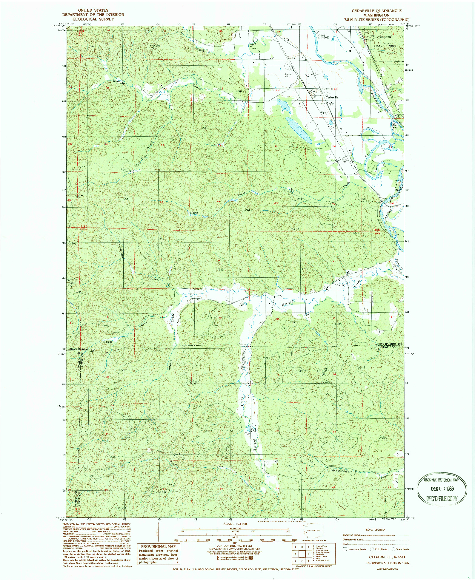 USGS 1:24000-SCALE QUADRANGLE FOR CEDARVILLE, WA 1986