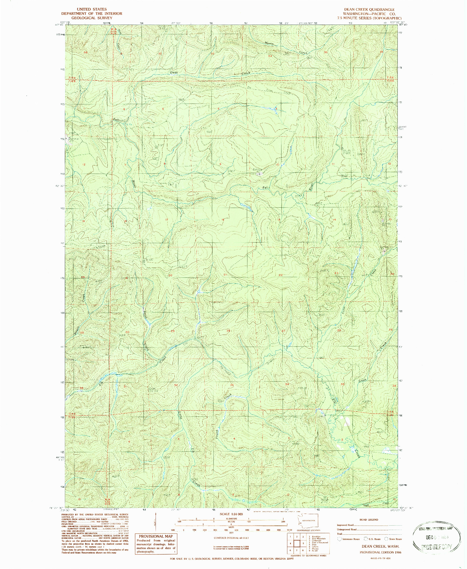 USGS 1:24000-SCALE QUADRANGLE FOR DEAN CREEK, WA 1986