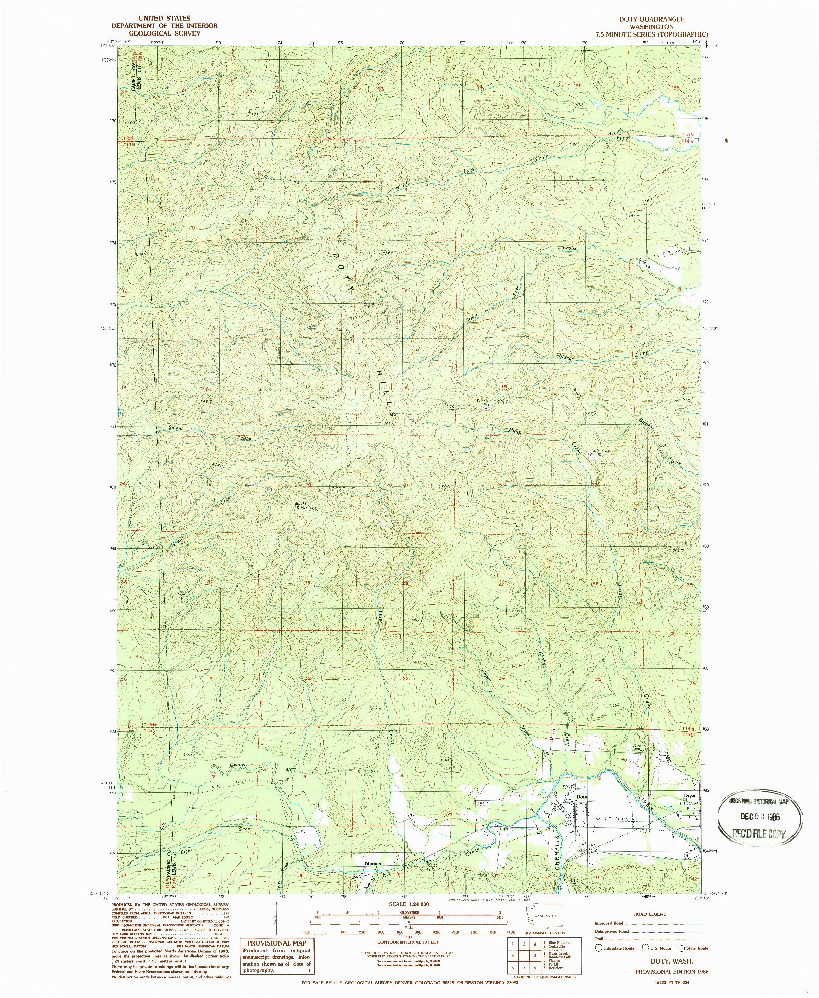 USGS 1:24000-SCALE QUADRANGLE FOR DOTY, WA 1986
