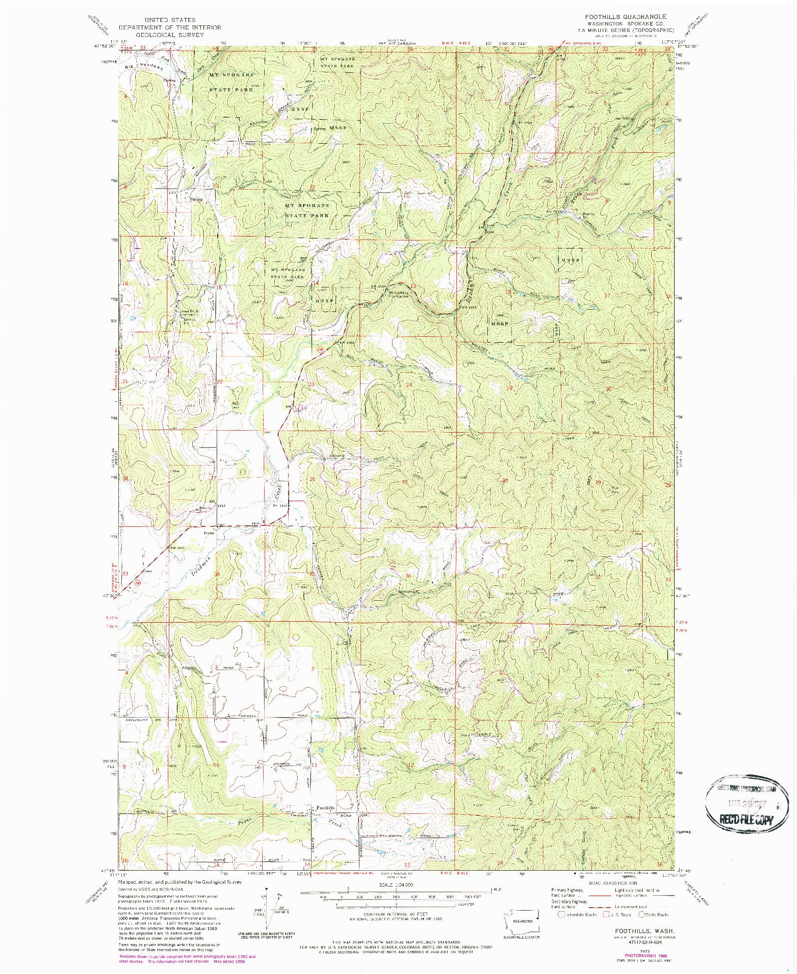 USGS 1:24000-SCALE QUADRANGLE FOR FOOTHILLS, WA 1973