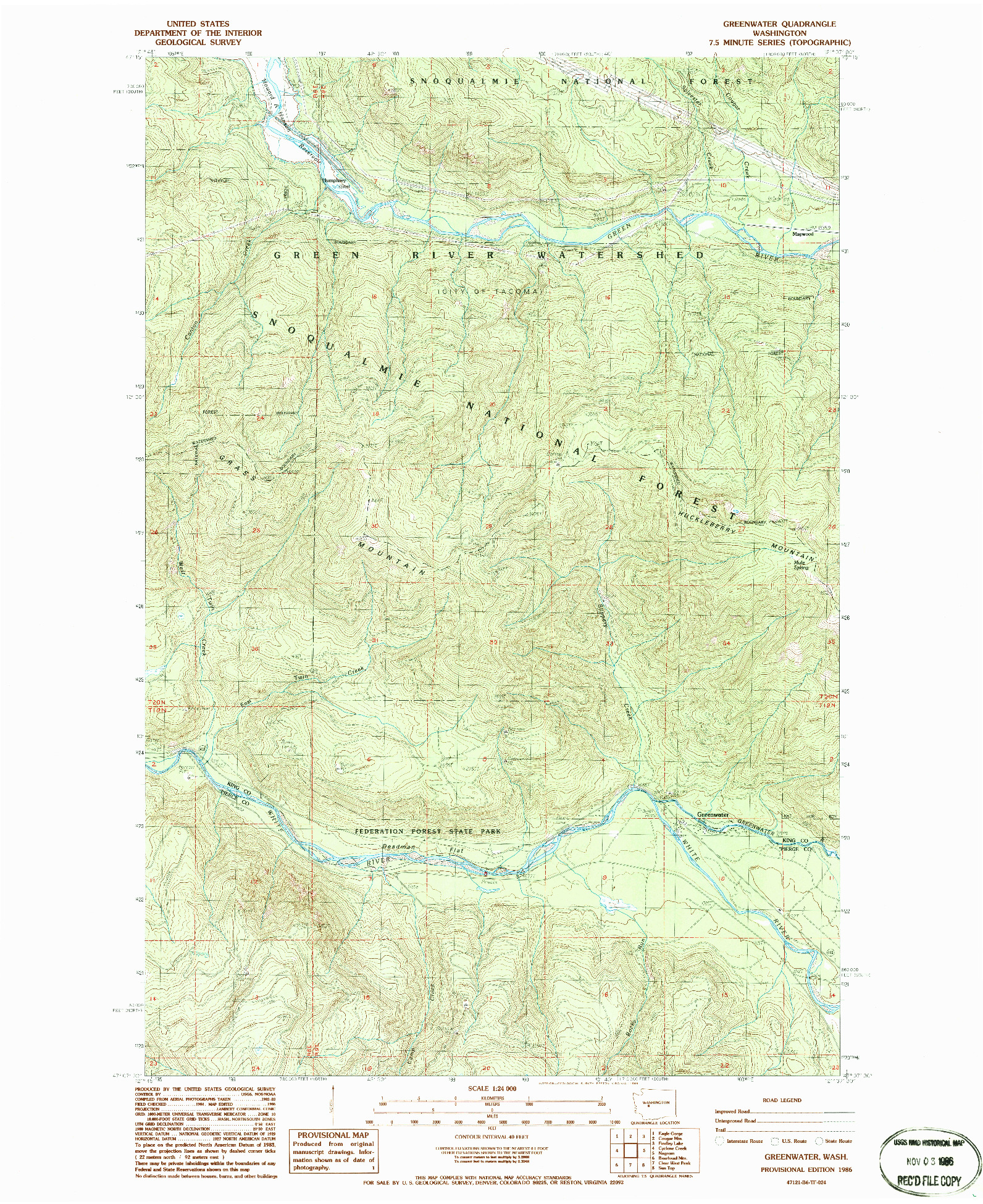 USGS 1:24000-SCALE QUADRANGLE FOR GREENWATER, WA 1986