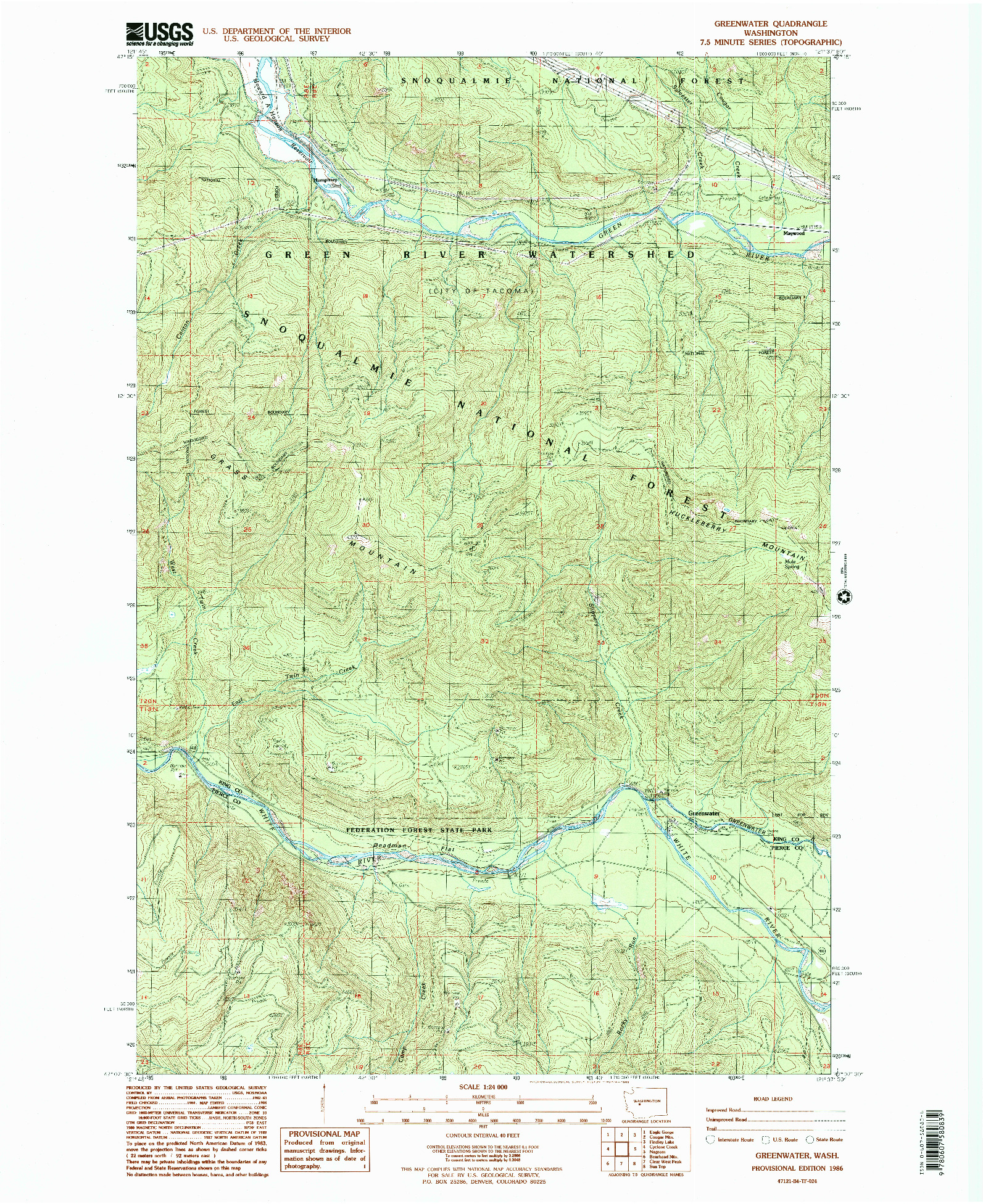 USGS 1:24000-SCALE QUADRANGLE FOR GREENWATER, WA 1986