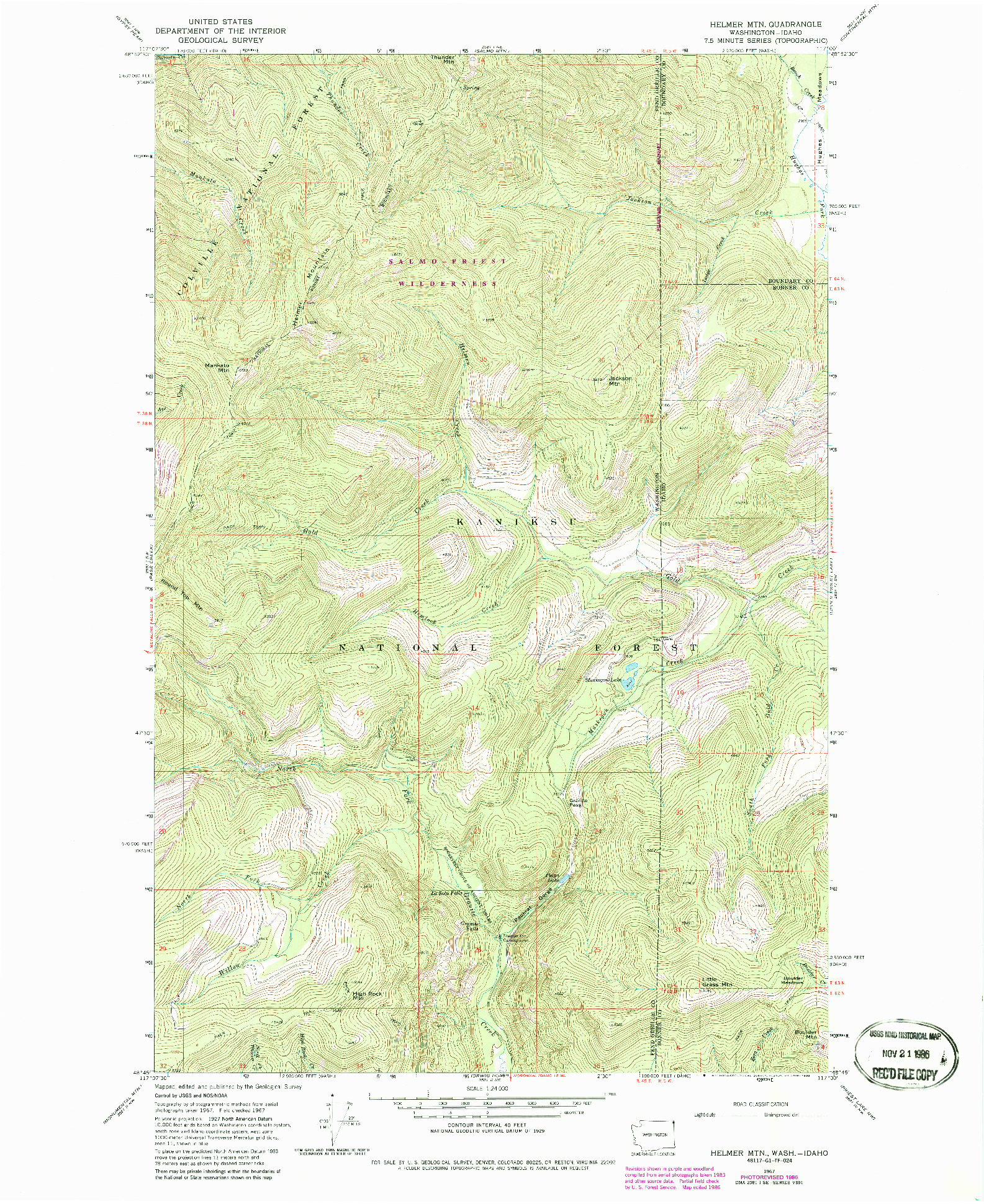 USGS 1:24000-SCALE QUADRANGLE FOR HELMER MTN, WA 1967