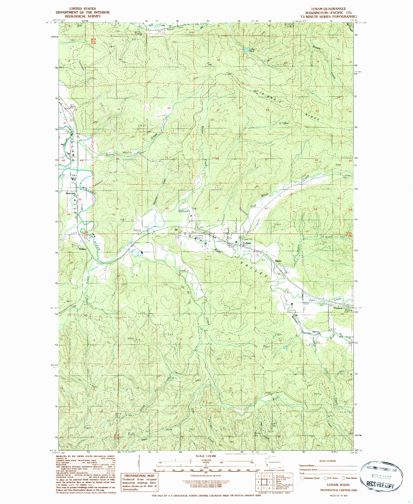 USGS 1:24000-SCALE QUADRANGLE FOR LEBAM, WA 1986