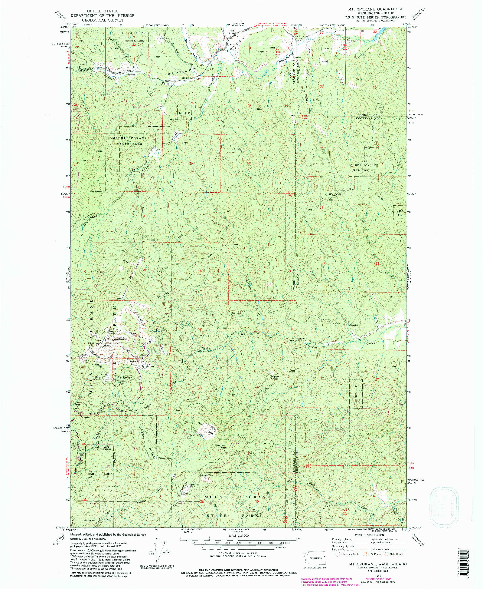 USGS 1:24000-SCALE QUADRANGLE FOR MT SPOKANE, WA 1973