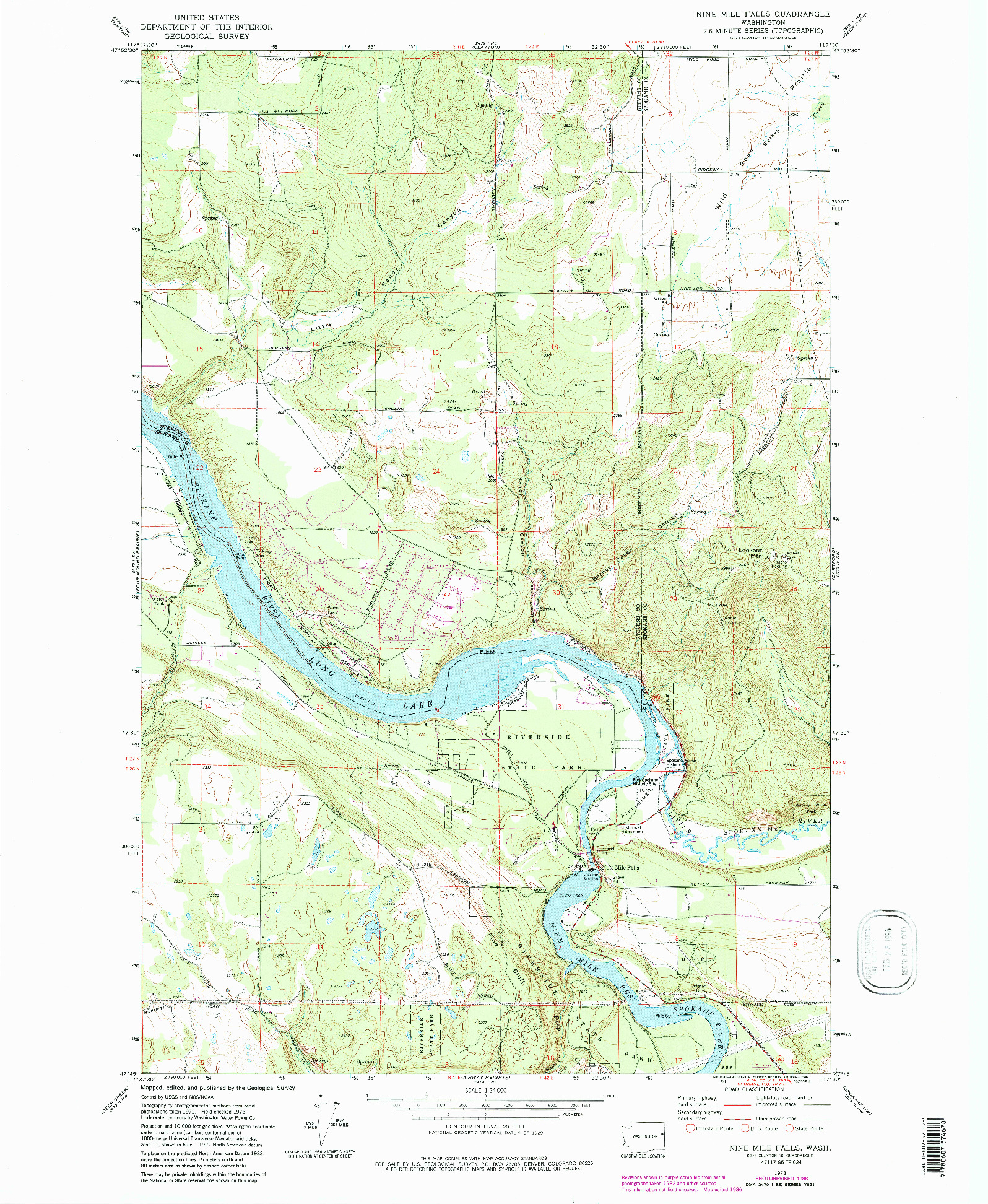 USGS 1:24000-SCALE QUADRANGLE FOR NINE MILE FALLS, WA 1973