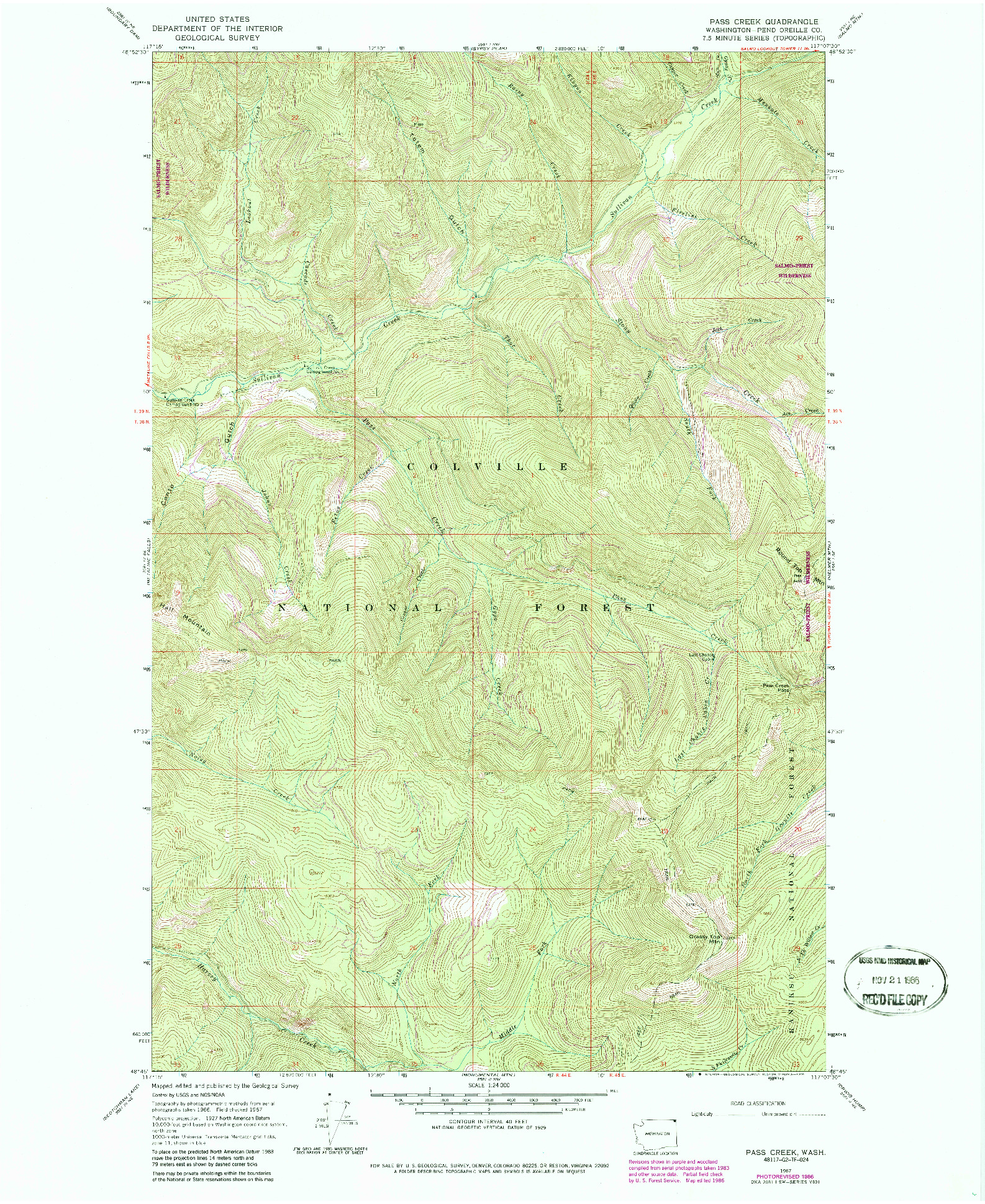 USGS 1:24000-SCALE QUADRANGLE FOR PASS CREEK, WA 1967