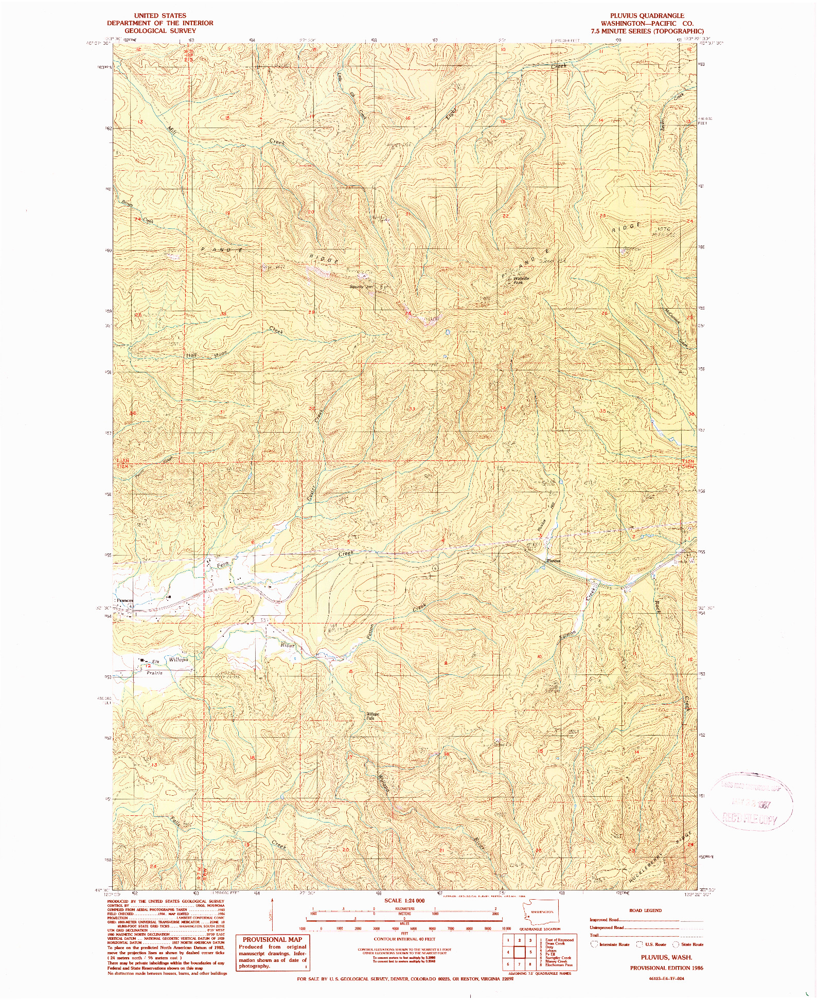 USGS 1:24000-SCALE QUADRANGLE FOR PLUVIUS, WA 1986