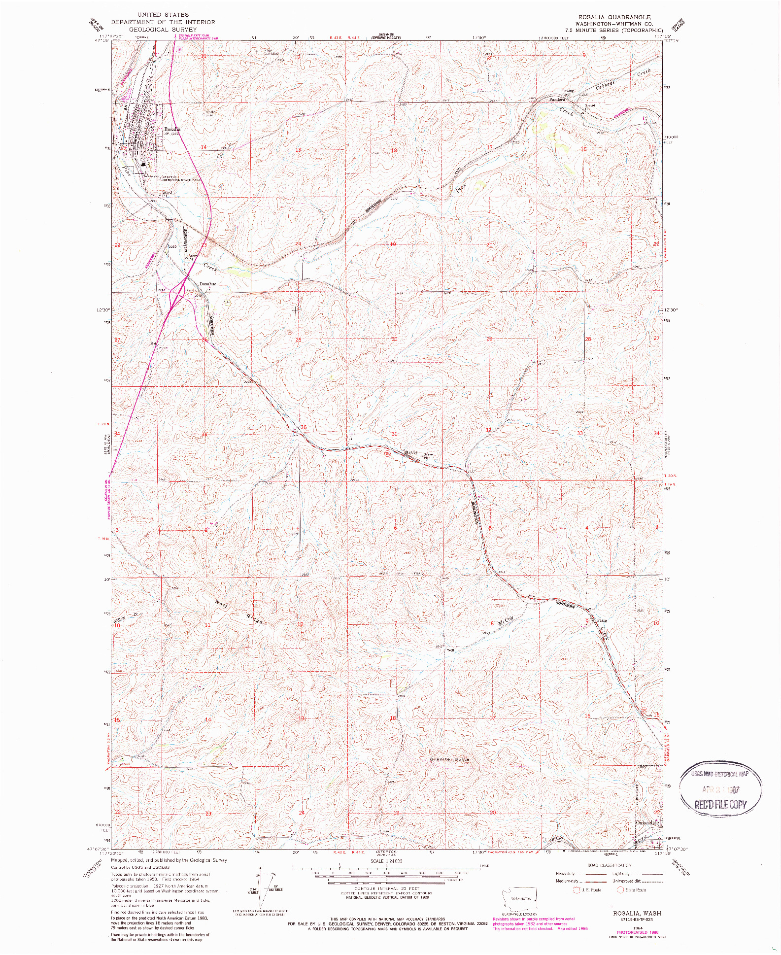 USGS 1:24000-SCALE QUADRANGLE FOR ROSALIA, WA 1964