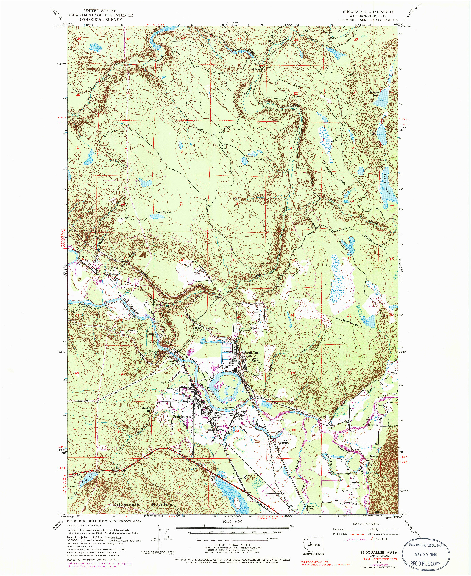 USGS 1:24000-SCALE QUADRANGLE FOR SNOQUALMIE, WA 1953