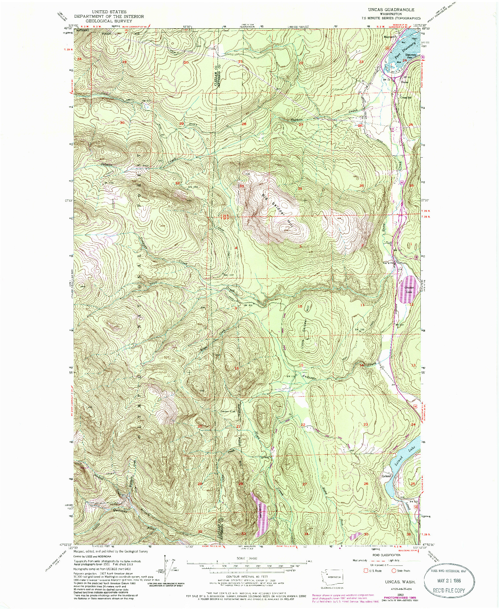 USGS 1:24000-SCALE QUADRANGLE FOR UNCAS, WA 1953