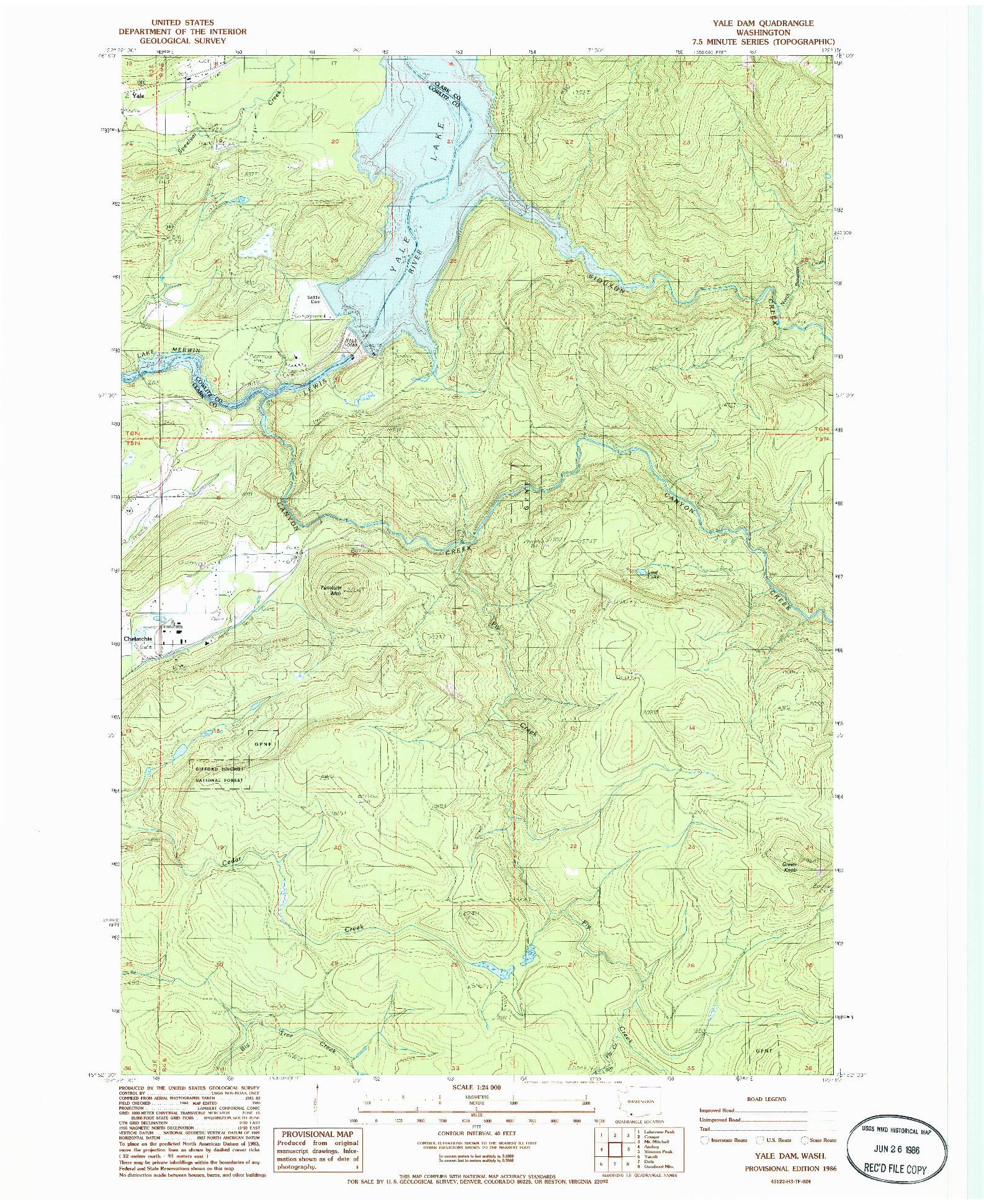 USGS 1:24000-SCALE QUADRANGLE FOR YALE DAM, WA 1986