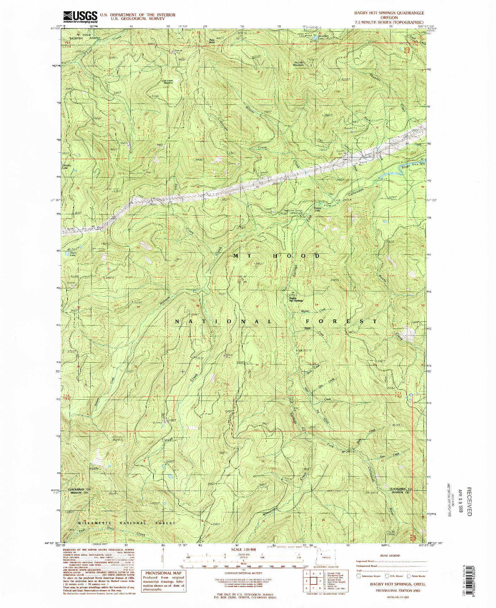 USGS 1:24000-SCALE QUADRANGLE FOR BAGBY HOT SPRINGS, OR 1985